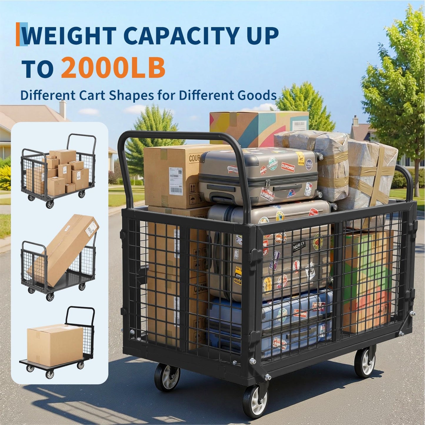 Garvee Heavy Duty Platform Truck Cart with Cage,39 x 24in Hand Moving Cart 2000LBS Capacity Multi-Functional Cage Carts with Basket for Warehouse Luggage Moving,Black