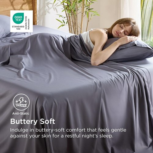 Bedsure Cooling Sheets - Breathable Viscose Bamboo Bed Set for Full Size | Deep Pocket Dark Grey