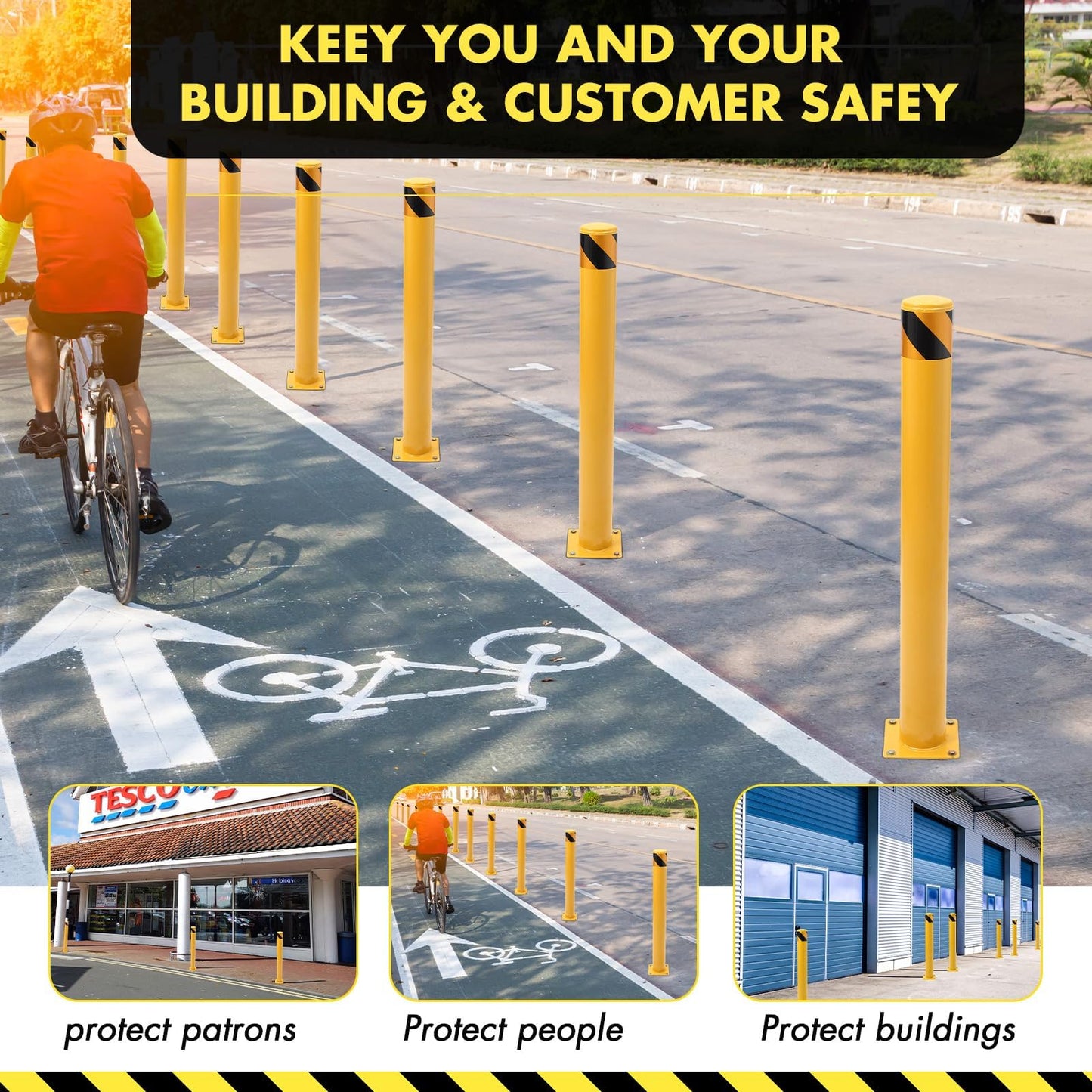 4 Pack Safety Bollard, 30 x 4.5 Inch Steel Bollard Post, Yellow Parking Post, Removable Safety Barrier with Anchor Bolts, High Visibility Driveway Barrier for Construction, Traffic Control, Warehouses