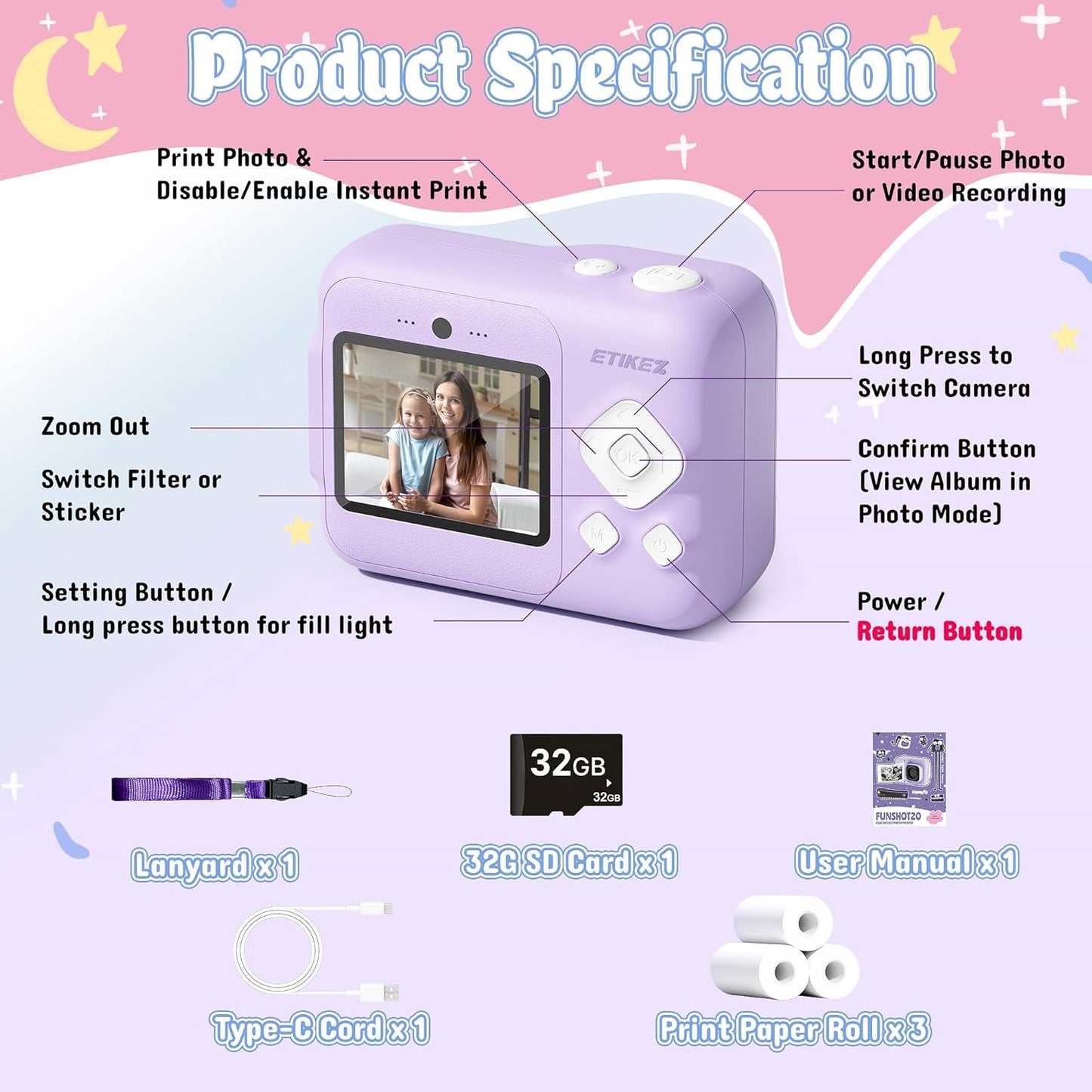 ETIKEZ 1080P 4 5 6 7 8 9 10 32GB 3 Kids Camera, Instant Digital Print Camera for Kids, Christmas Birthday Gifts