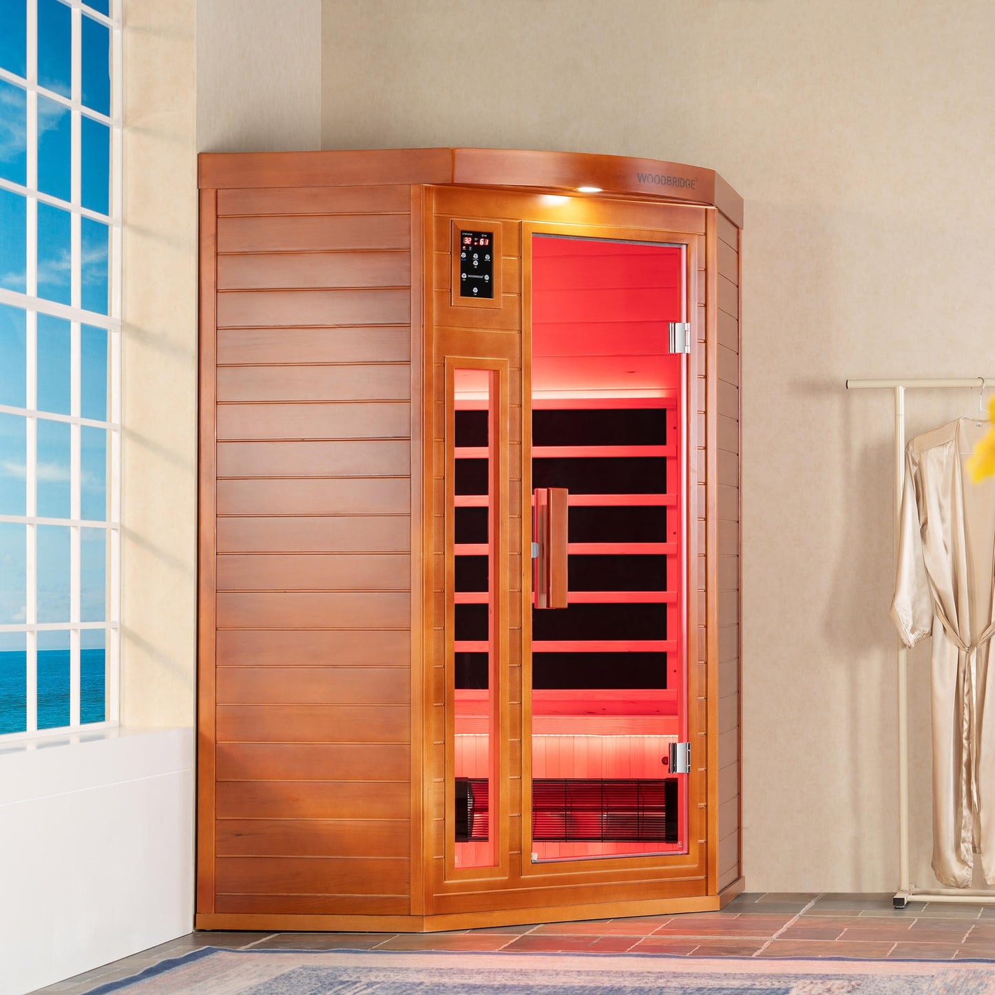 WOODBRIDGE Infrared Sauna Room 2 Person Japanese Cedar Indoor Corner Sauna with 7 Carbon Heaters, Red Light Therapy,Bluetooth Speaker,Intelligent Dual Control System,Tempered Glass,Exterior Brim Light