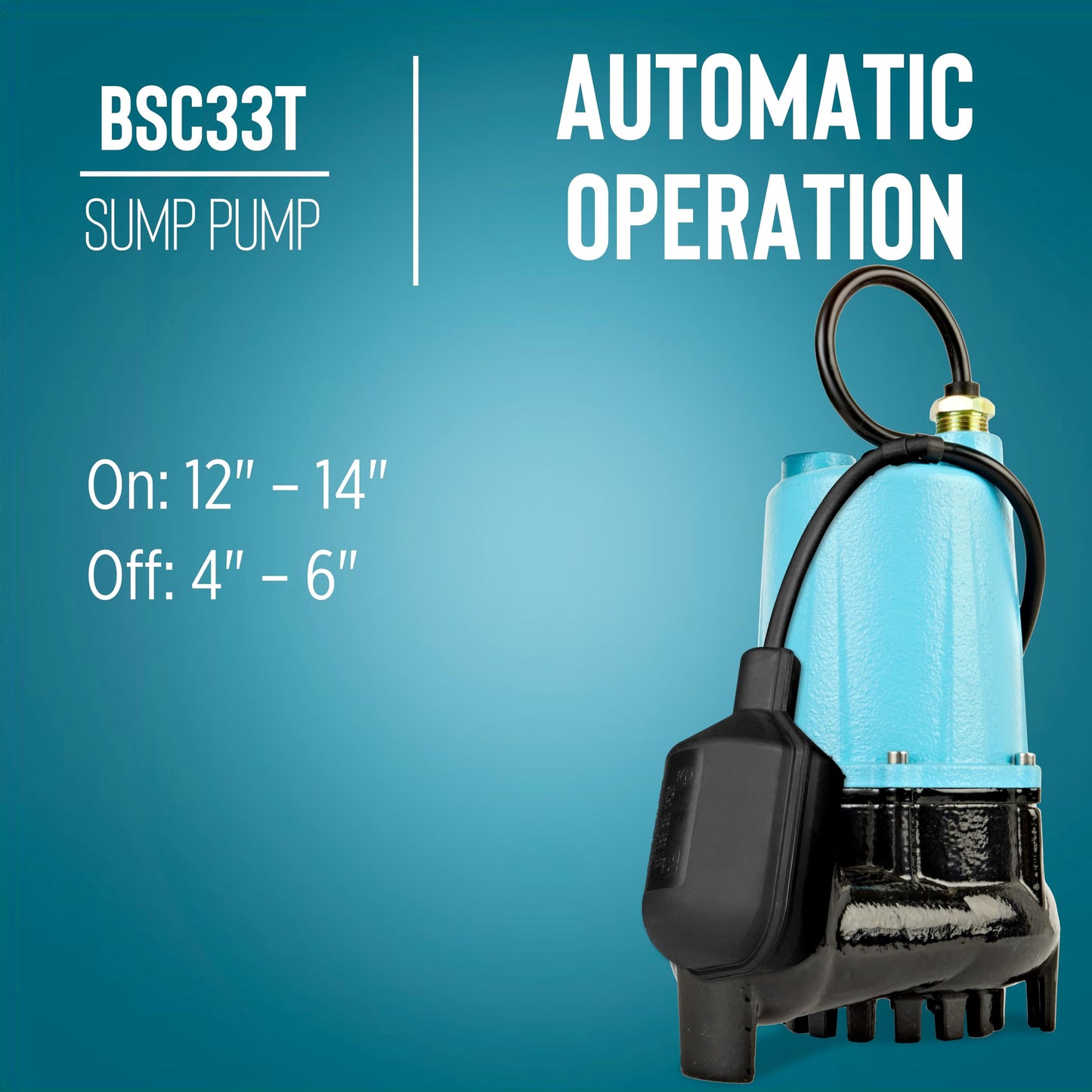 Little Giant BSC33T 1/3 HP, 115 Volt, 3000 GPH Automatic Submersible Cast Iron Sump/Effluent Pump with Piggy-back Tethered Float Switch and 10-Ft. Cord, Blue, 506255