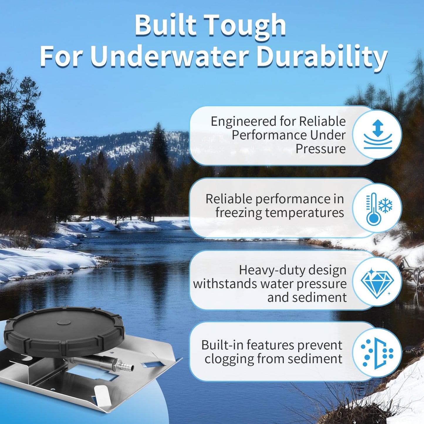 Pond & Lake Aeration Accessories, Self-Weighted Stainless Steel Base, Membrane Diffuser, Stainless Steel Connectors for 3 Hose Sizes, and 3 Sets of Clamps, Ideal for Outdoor Aeration Systems.