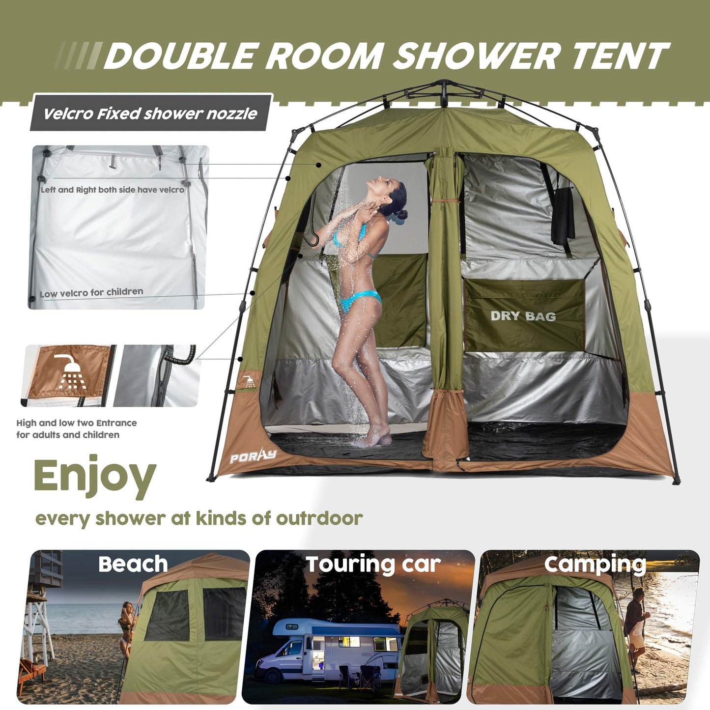 Porayhut Portable Camping Shower Tent Deluxe Changing Room Easy Set Up Privacy Shelter,Large Toilet Tent 2 Rooms with Floor Drain Design for Beach, Camping,Hiking with Stakes and Ropes for Stability