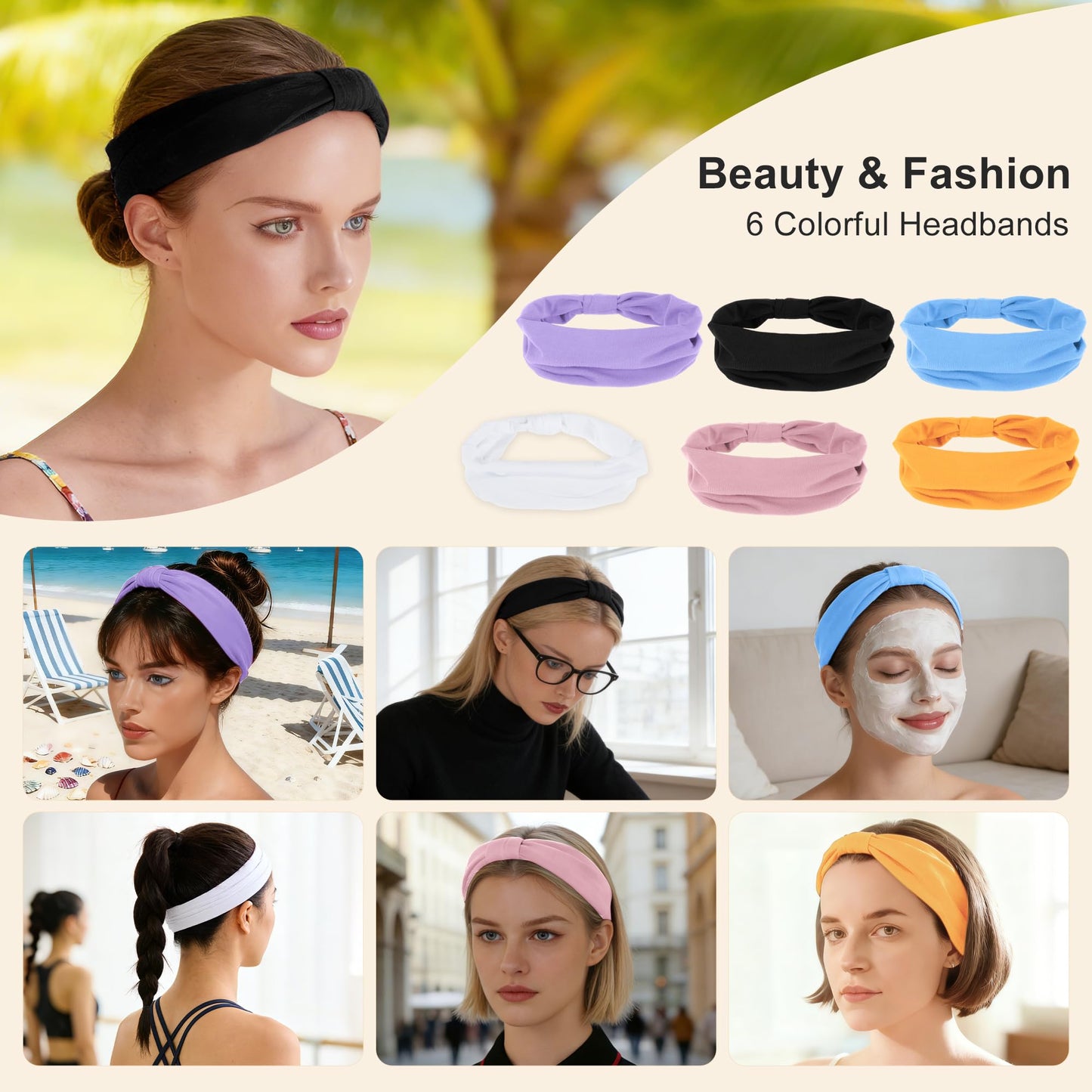 GLIDESMOOTH Headbands for Women, Elastic Non-Slip Headband, Moisture-Wicking Athletic Hair Band, Light Blue, 6 Pcs