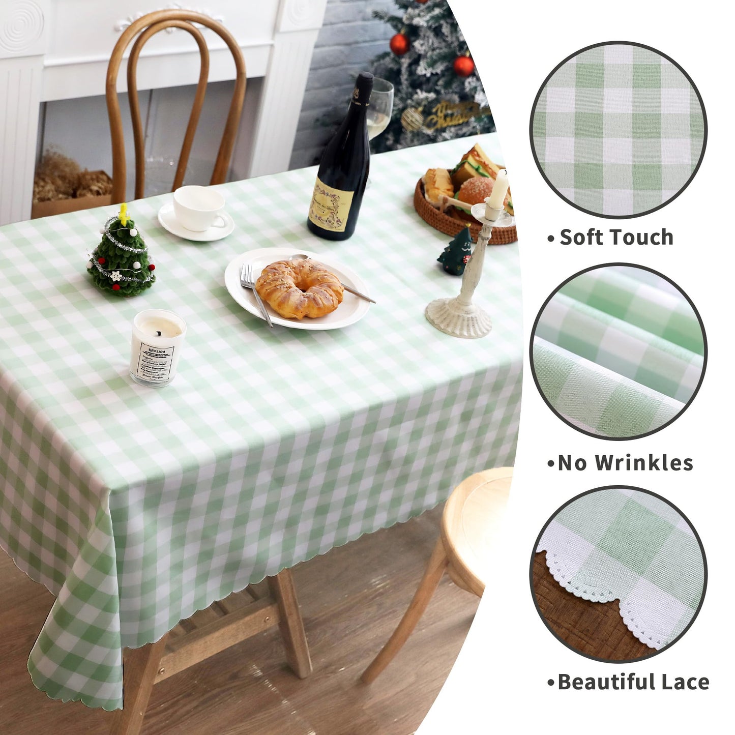 CSFL Checkered Tablecloth Rectangle, Buffalo Plaid Table Cloth Waterproof Gingham Tablecloths, Washable Durable Table Cover for Dining Outdoor Picnic and Party, 87"x 55", Light Green and White