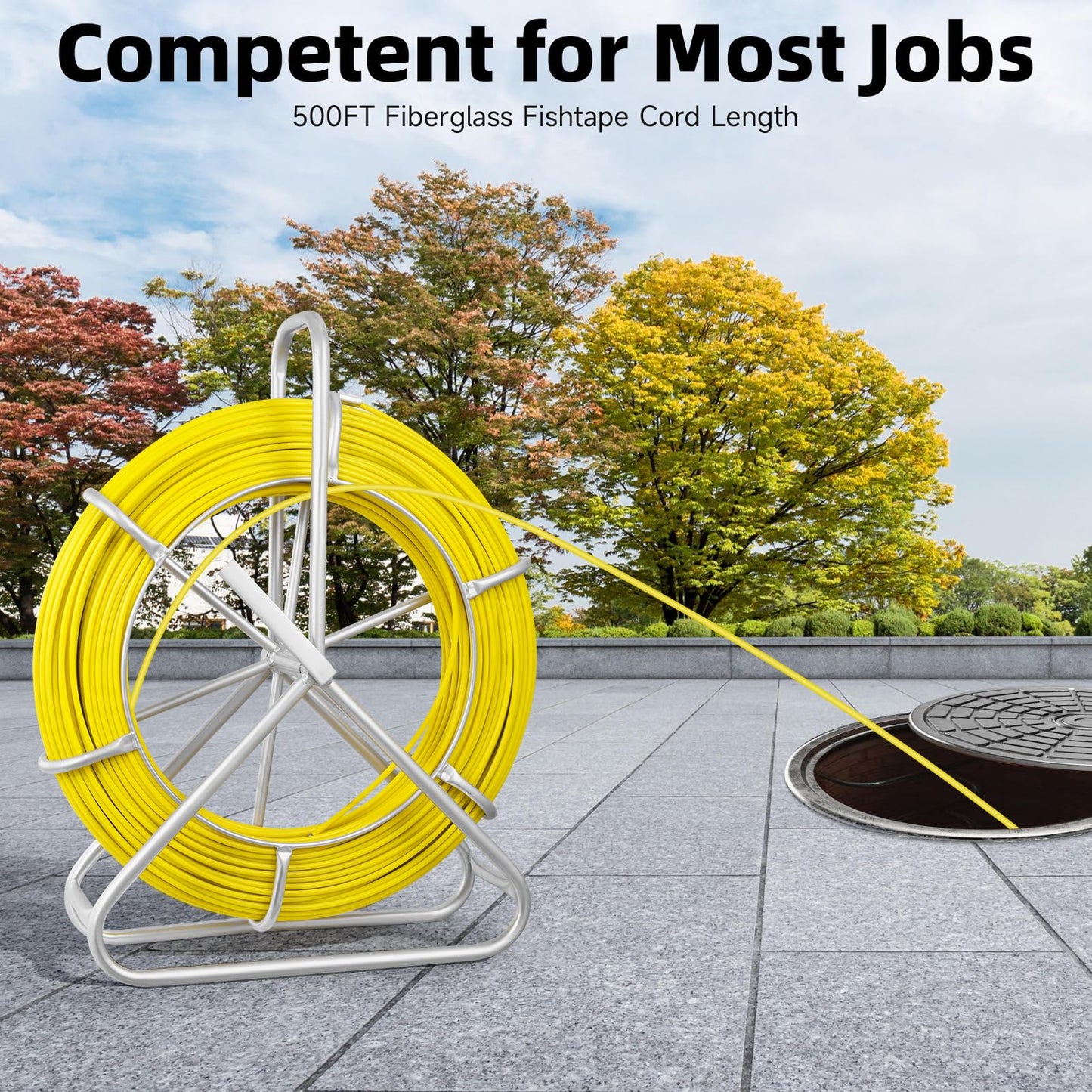 Teodute Fish Tape Fiberglass, 500FT, 1/4in, Duct Rodder Fish Tape Wire Puller, Electrical Fish Tape Cable Running Rod with Steel Reel Stand, Fishing Tools for Walls & Electrical Conduit