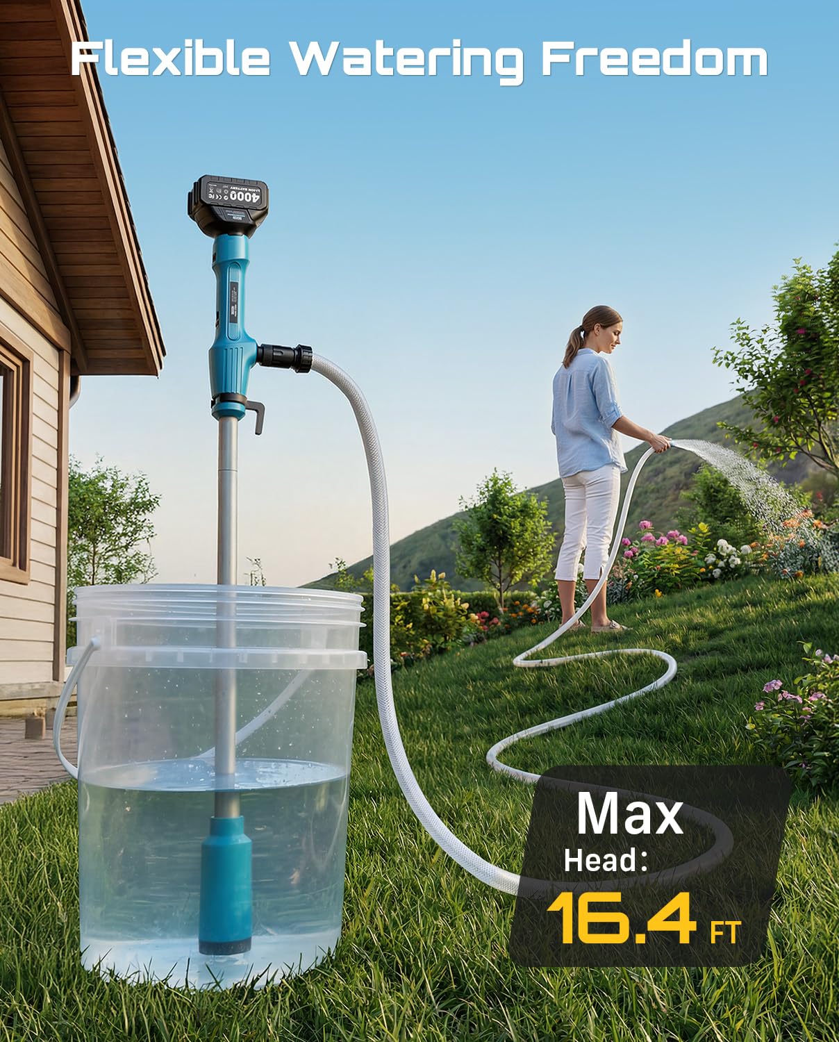 SEESII Cordless Stick Water Pump 2.2" Head, Battery Powered Diesel Transfer Pump 1-Hour Runtime, 720GPH & 16FT Lift Portable Submersible Utility Pump for Pool Garden Pond Boat Basement RV Rain Barrels