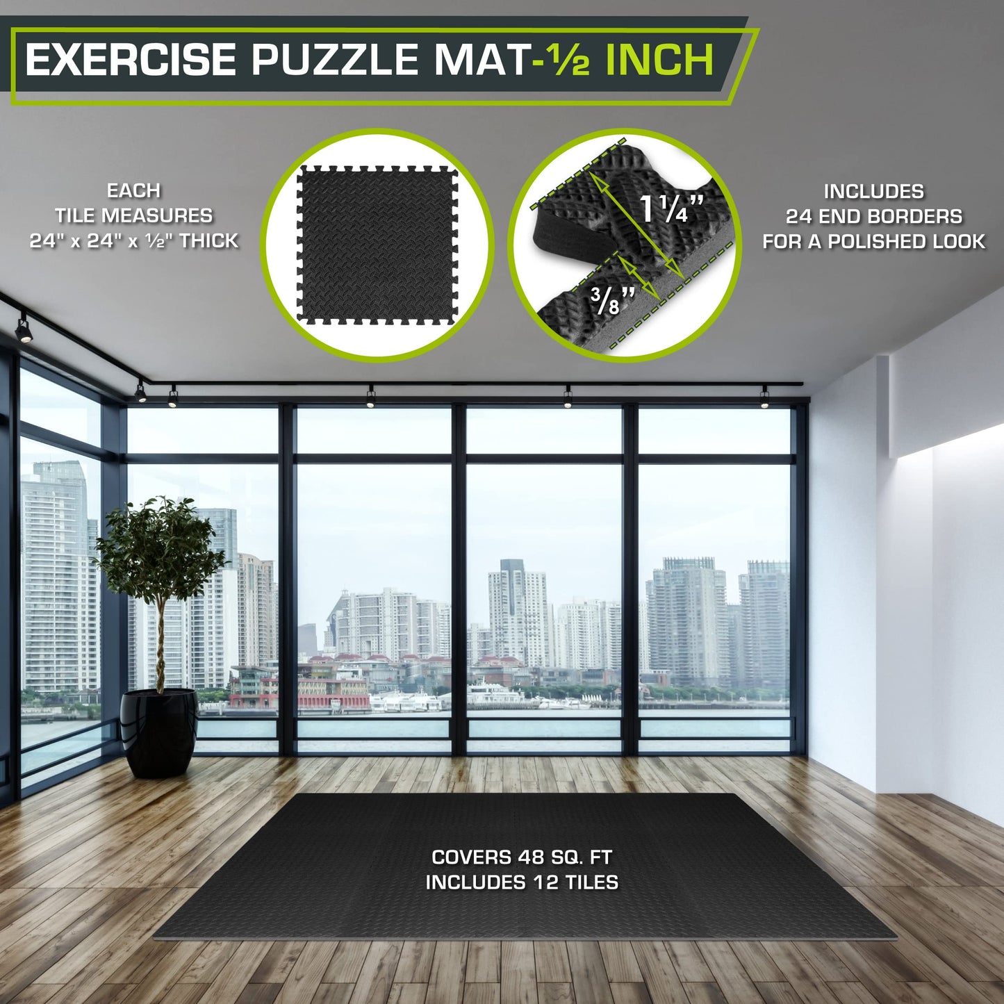 ProsourceFit Exercise Puzzle Mat ½-inch, EVA Interlocking Foam Floor Tiles for Home Gym, Workout Equipment, Kids Play Areas, Black, 48 SQ FT - 12 Tiles