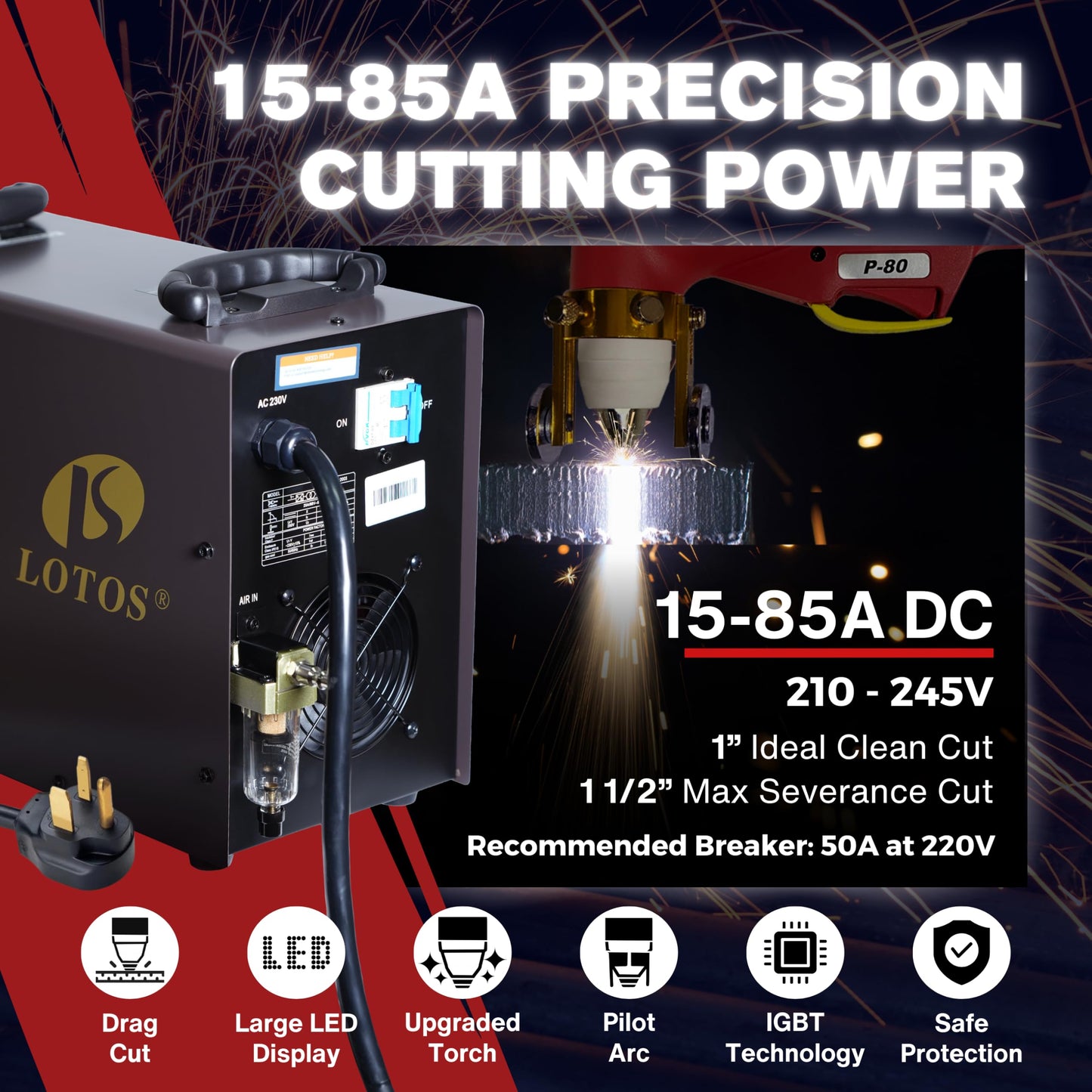 LOTOS Apex LTP8500 | 85A HF Pilot Arc Plasma Cutter, Drag-Cut Enabled, 1" Clean (1.5" Sever), 220V Single-Phase, LED Controls & Front Regulator, Portable Air Plasma Cutter for Fab, Auto, HVAC