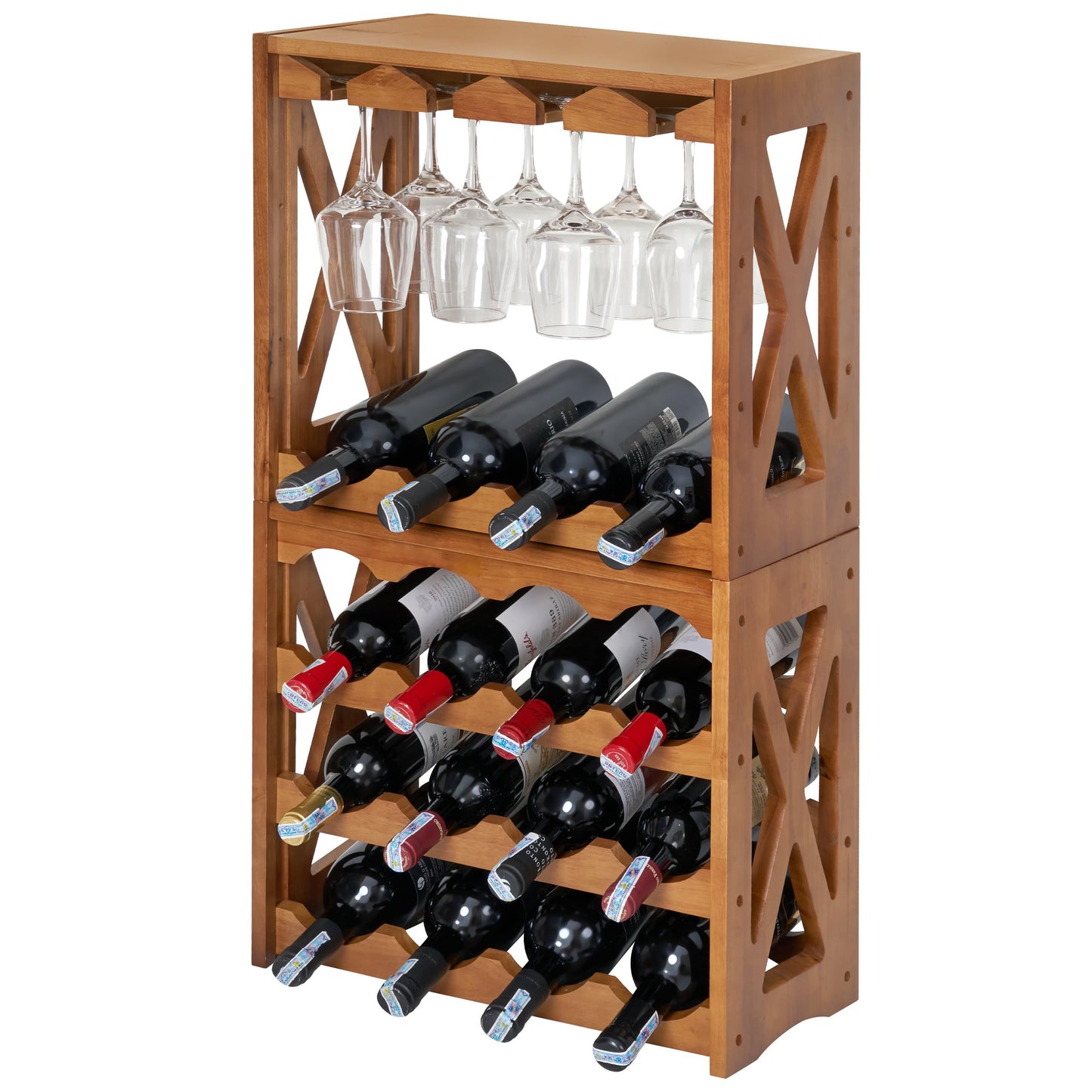 Wine Rack, Wine Racks Free Standing Floor, Wine Racks Countertop Display Rack with Table Top, Wine Glass Holder for 8 -12 Wine Glasses, Wine Bottle Holder for Kitchen Dining Room Bar (28 bottles)
