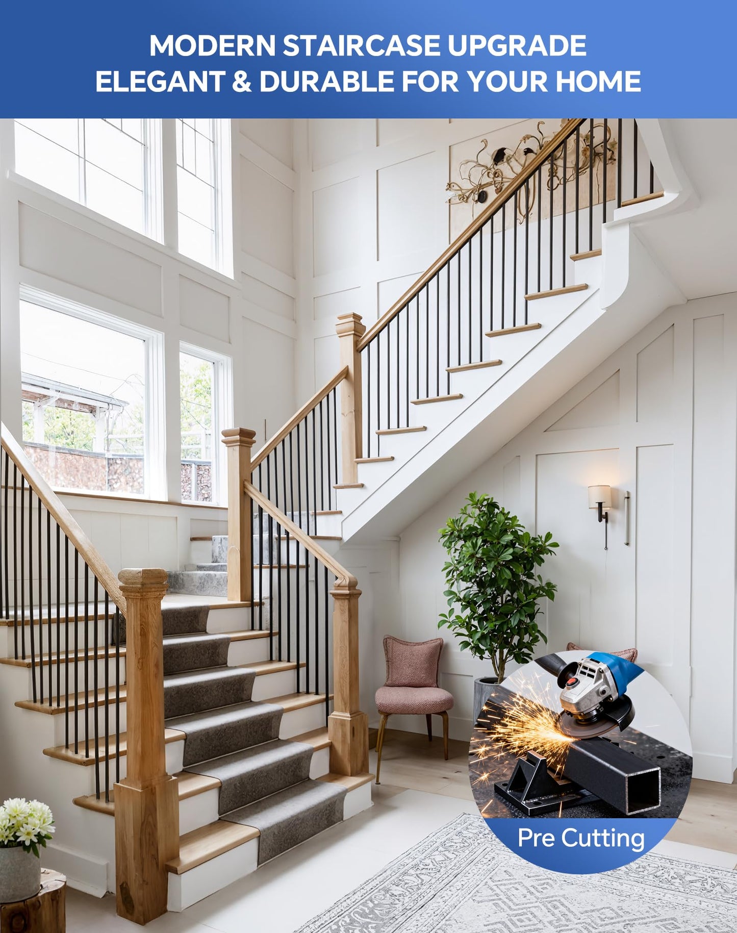 32 Pack Iron Balusters for Staircase Interior, 44 Inches Square Hollow Metal Balusters, 1/2" Wrought Iron Stair Hand Rail Spindles, Black Indoor Stair Railing, Tafbrik Metal Spindles for Staircase
