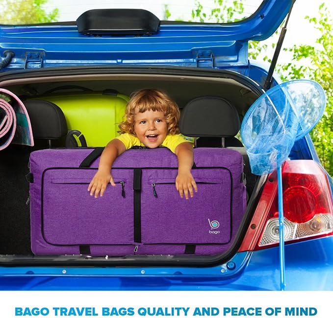 Bago Large Foldable Duffel Bags for Traveling Women & Men - 100L Packable Duffle Bag for Travel with Shoe Compartment - Water Repellant, Heavy Duty, Lightweight Folding & Collapsible (SnowDepPurple)