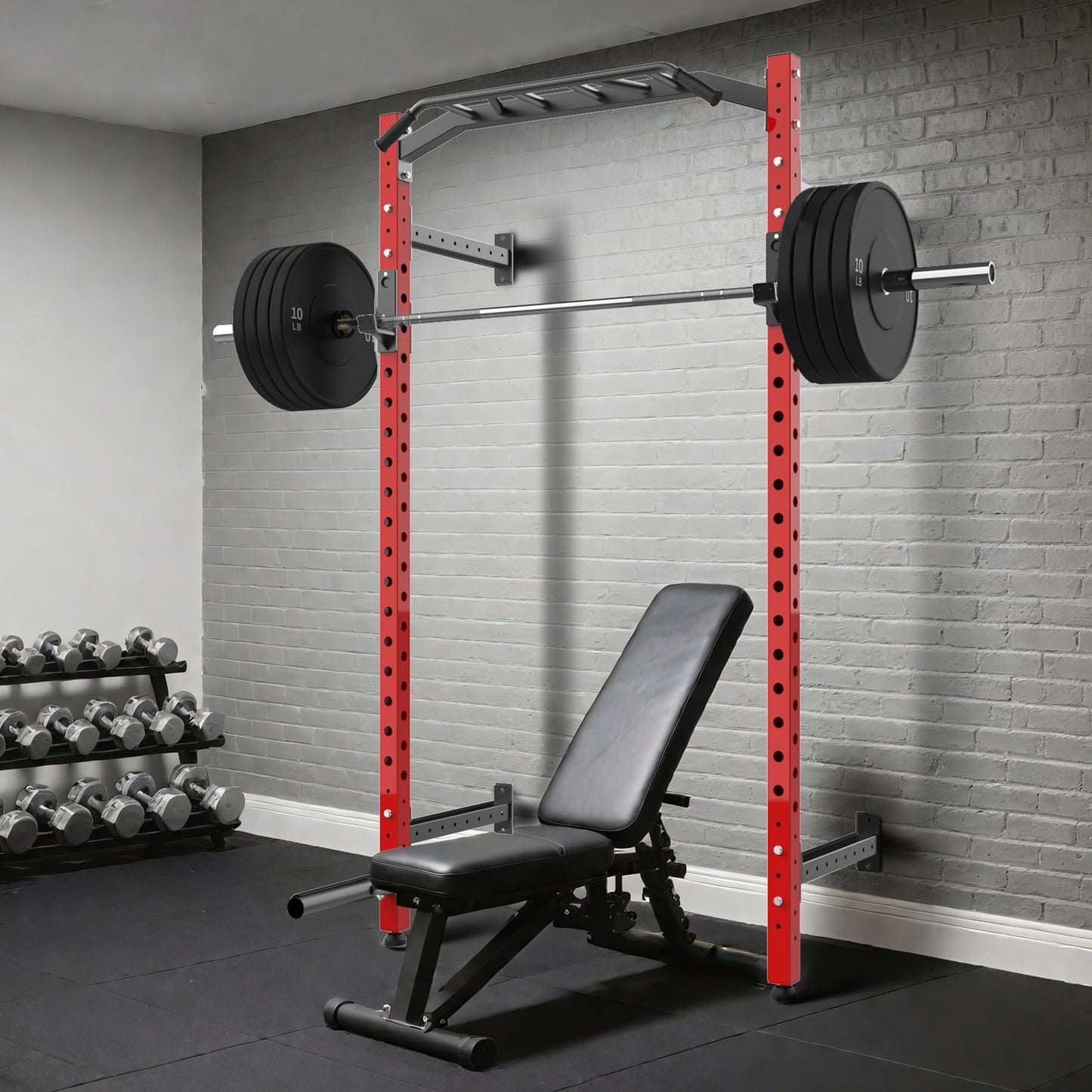 Garvee Wall Mounted Power Rack, 1600LB Commercial Squat Rack for Home Gym with Multi-Grip Pull Up Bar, j-Cups & Landmine Attachment for Home and Garage Gym