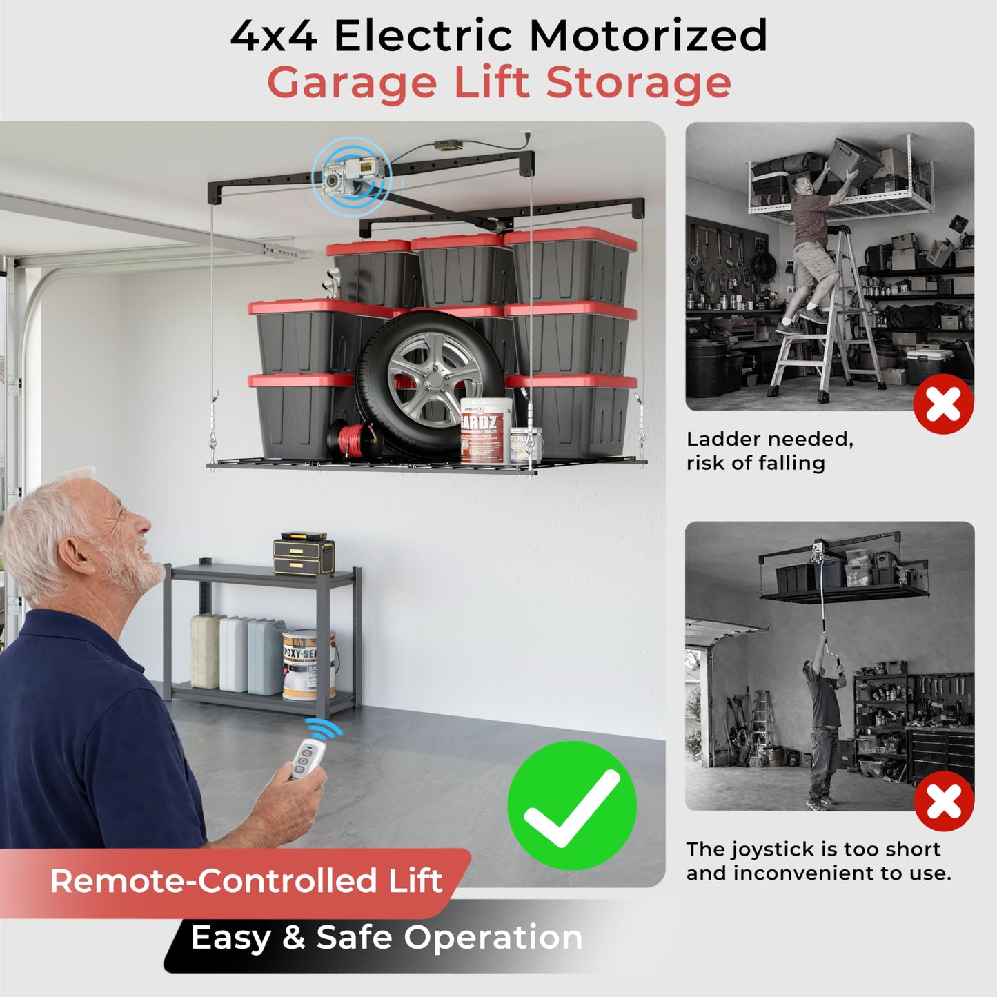 KOKORACKER Motorized Garage Ceiling Storage Racks with Remote Control, 4x4 FT Overhead Garage Storage Rack, Heavy-Duty Lift Storage System, Space-Saving Hanging Shelves, 250 Lbs Capacity