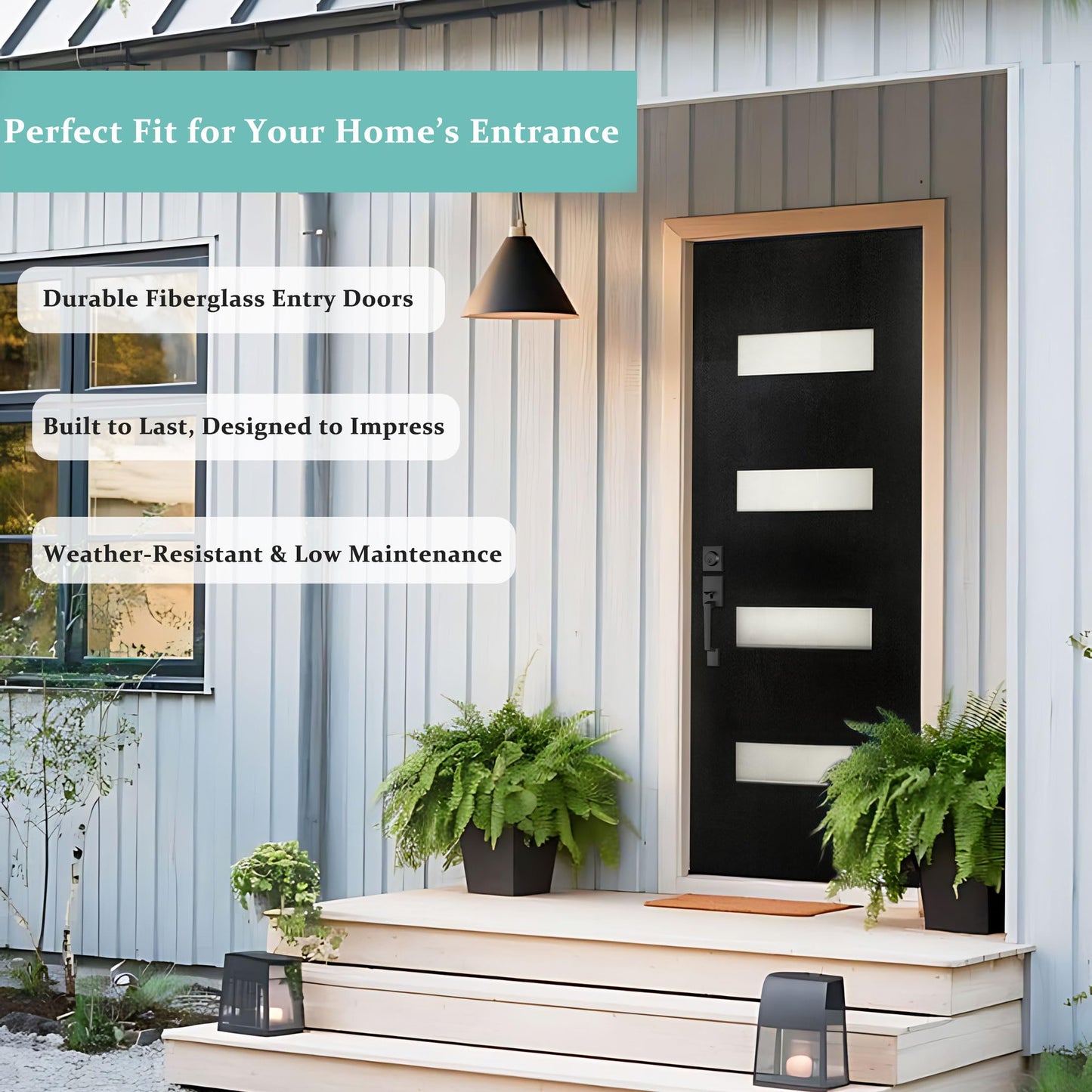 Fiberglass Entry Door 36x80'', French Exterior Door Right Hand Inswing Black Finished Frosted Glass Knock-Down Door, Vinyl Frame and Brickmould Included