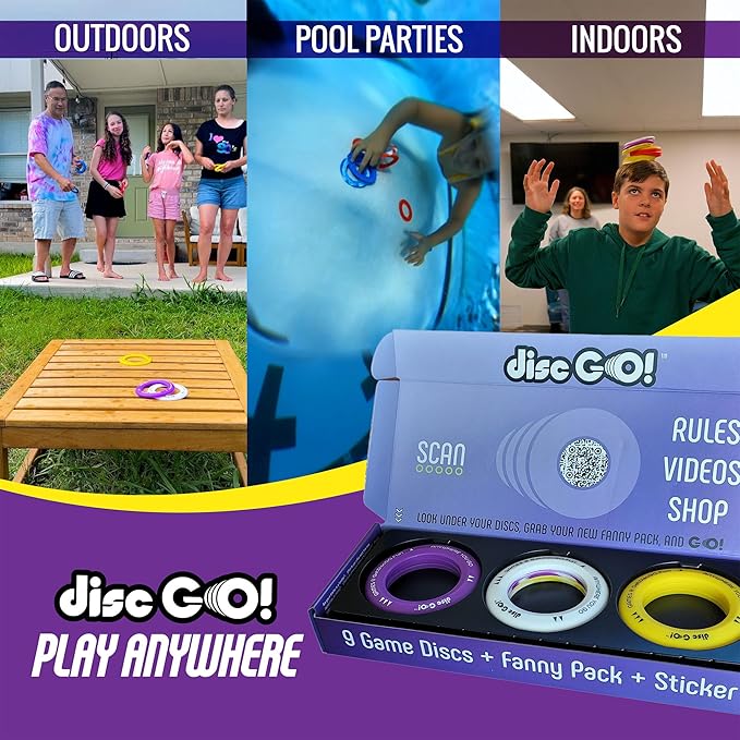 DiscGO! Game 9 Soft Silicone Discs, Play Indoor/Outdoor for Fun, Gift, Family, Camping, Parties, Tailgating, Team Building, Classroom, Portable Travel Games for Kids & Adults (Yellow, White & Purple)