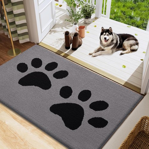 Buganda Dog Door Mat - Absorbent Mud Trapper for Indoor Use | Non-Slip Low-Profile Design (48x30 Inches, Grey)