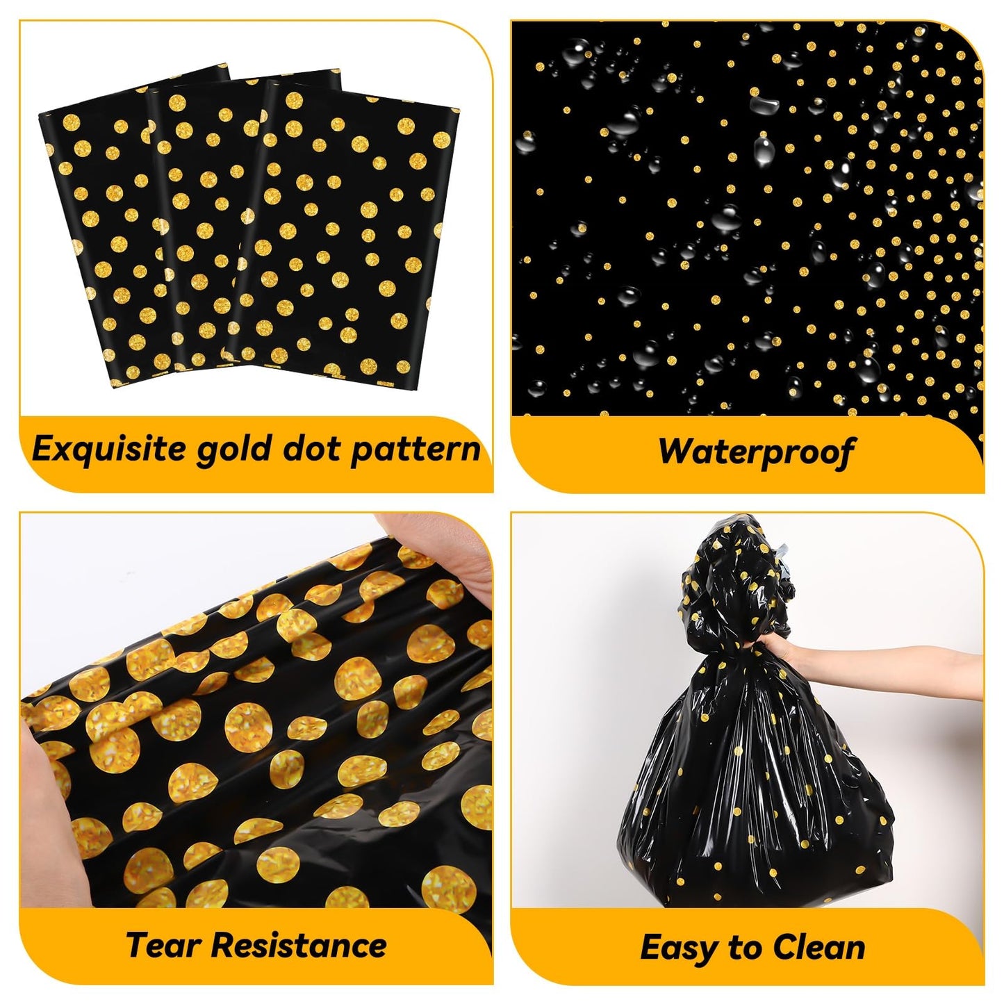 Newwiee 8 Pcs Round Dot Tablecloth 84 Inch Plastic Polka Dot Table Cover Disposable Confetti Tablecloths for Grad Wedding Bridal Shower Birthday Spring Graduate Party Decor (Black,Gold)