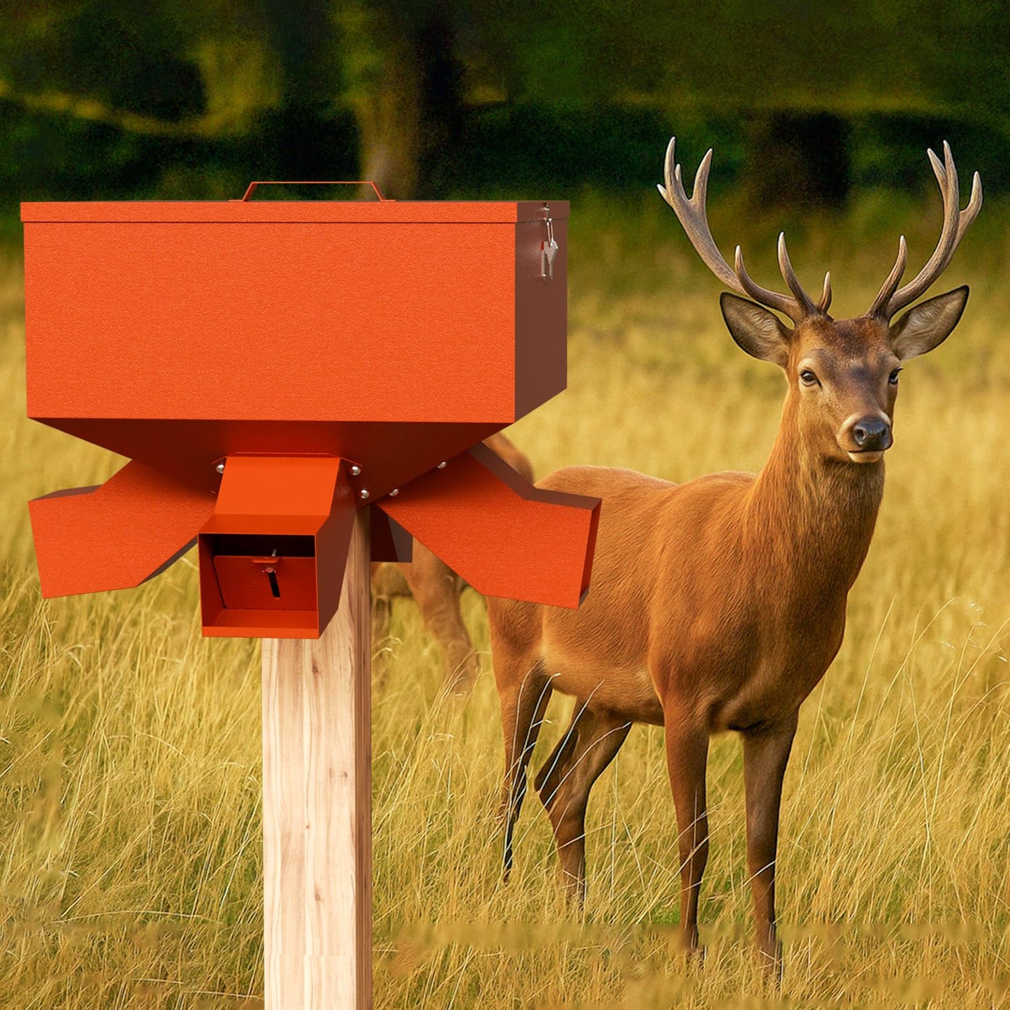 Portable 80LB Gravity Deer Feeder, Heavy Duty Metal Wildlife Feeder with 4 Feeding Ports, Weatherproof for Hunting & Backyard Game