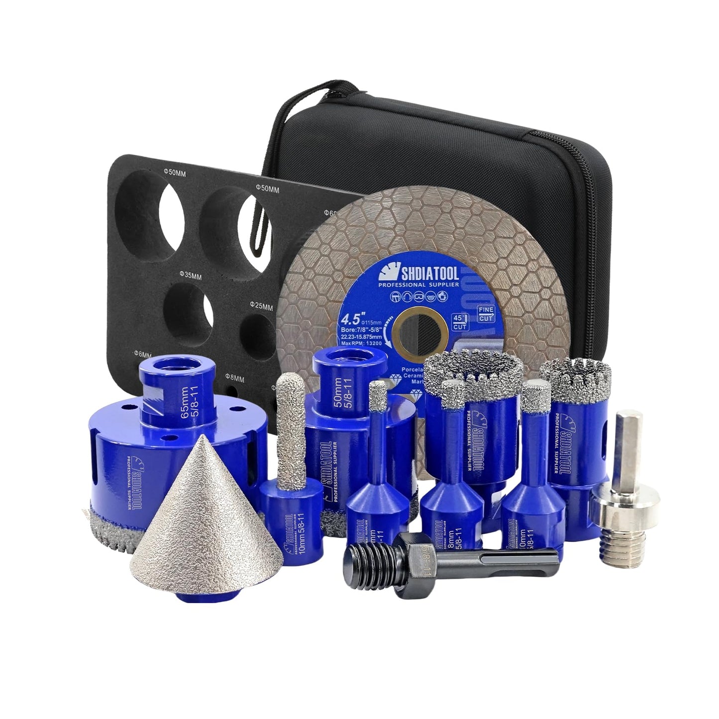 SHDIATOOL Diamond Drill Bits Kit - Core Bits Hole Saw Sets,Mould Guide for Drilling Porcelain Tile Marble Ceramic Granite with Hollow EVA Guide Jig 12pcs(6/8/10/25/35/50/65/10MM/2in/HEX+SDS+4.5in)