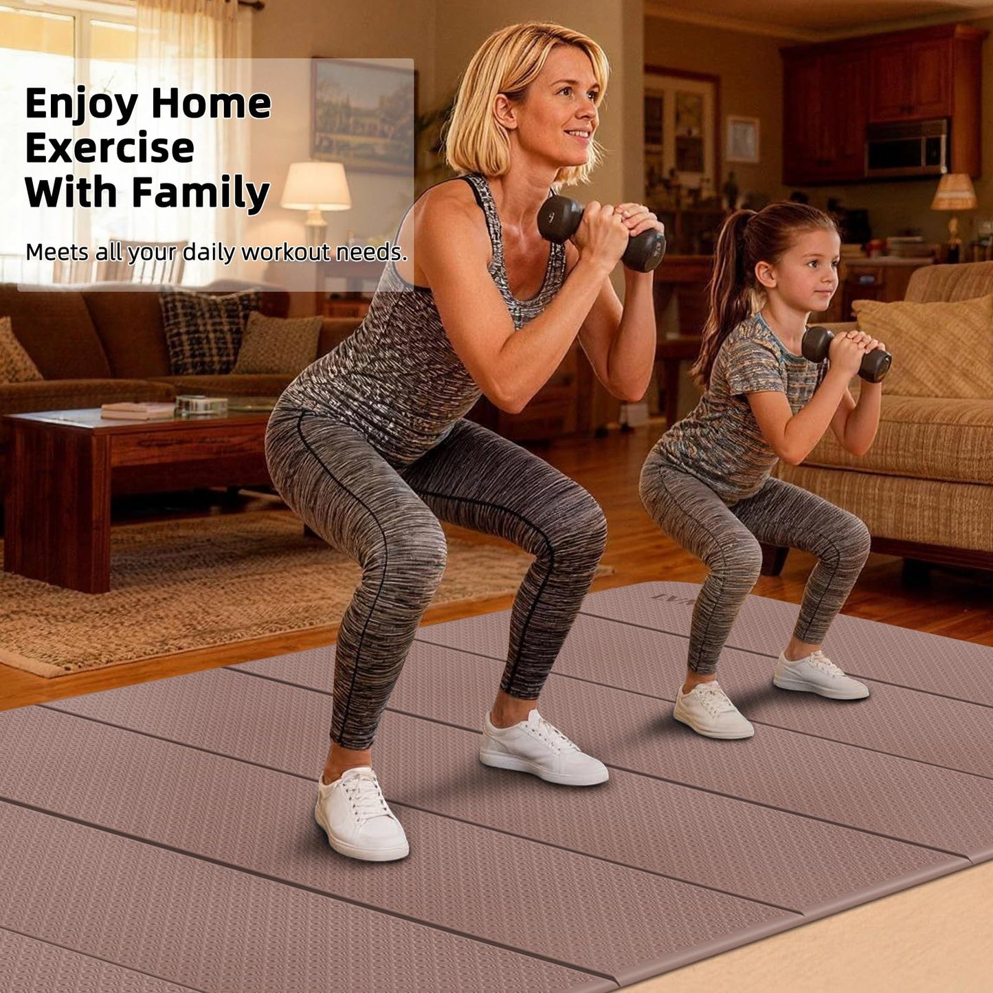 Large Yoga Mat, 75"x48" Extra Wide & Long Yoga Mat, 0.4" Thick Folding Exercise Mat, 2-Person Workout Mat for Home Gym, Extra Large Non-Slip Fitness Mat for HIIT, Yoga, Stretching, Portable Design for Easy Storage (Brown+Apricot)