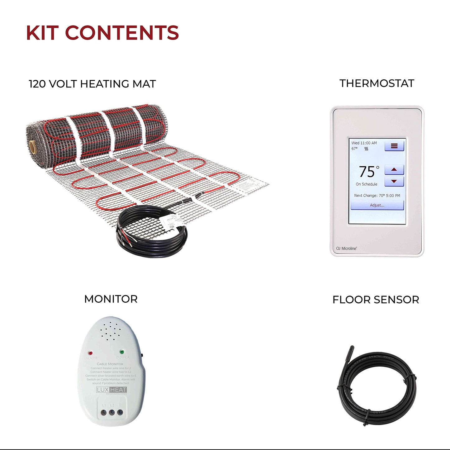 LuxHeat 35sqft Floor Heating Mat Kit - 120v Heated Tile Floor Kit - Complete Electric Radiant Heated Flooring System Includes Alarm, UDG4 Touchscreen Programmable Thermostat w/GFCI & Flooring Sensor