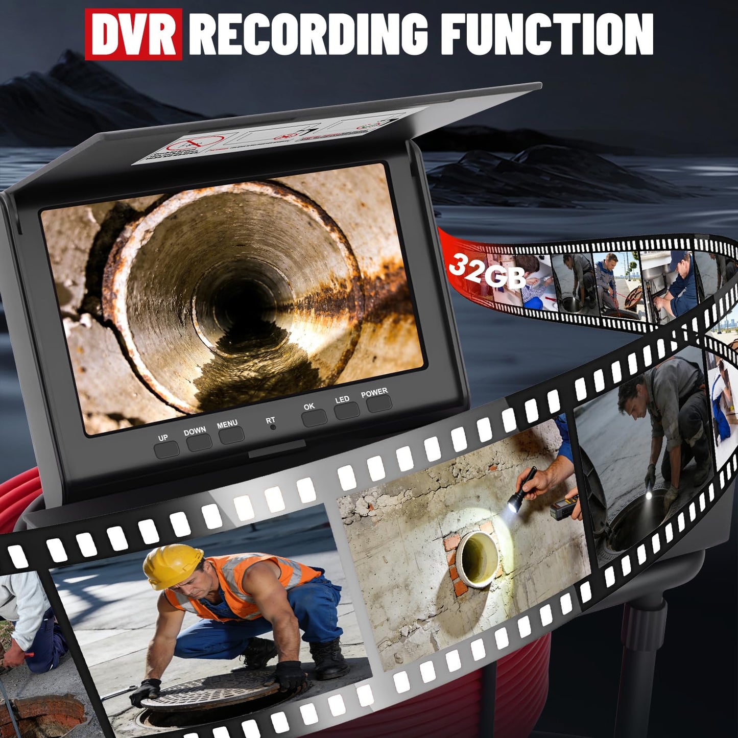 Sewer Camera with DVR Function,100FT/30M Pipe Drain Inspection Camera with 7" 1080P HD Screen, Snake Plumbing Cameras with 9 LED Lights, IP68, 32GB Card,Borescope for Duct Sewer Line Pipe Inspection