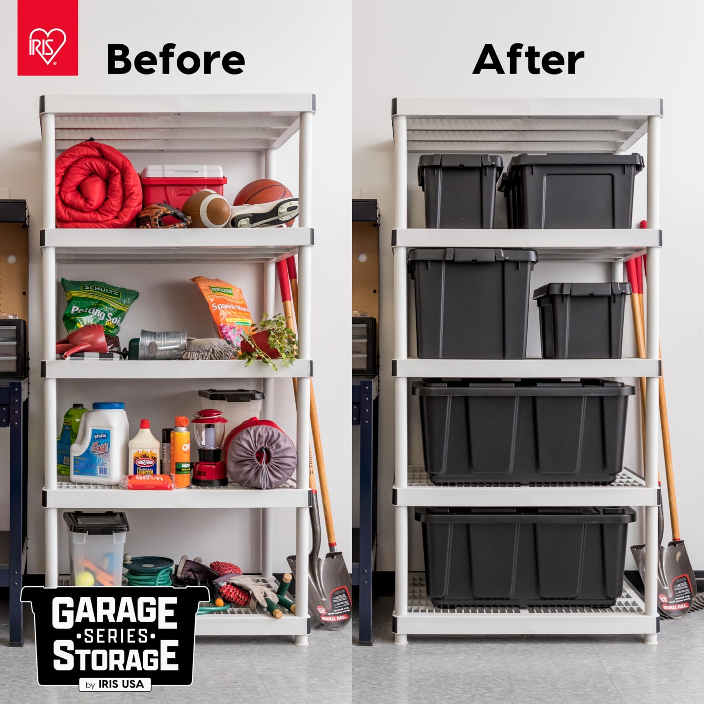IRIS USA 31 Gallon Heavy Duty Storage Totes with Easy-Grip Handles, 4 Pack - Large Bins with Lids Garage Organizing Tubs, Durable Stackable Utility Containers, Made in USA - Black