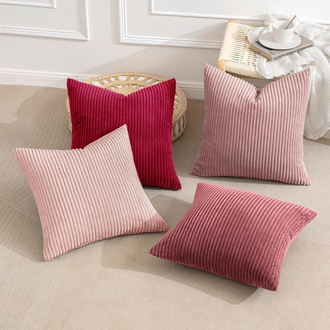 MIULEE Boho Farmhouse Throw Pillow Covers 18x18 Inch Set of 4 Romantic Decorative Cushion Covers Spring Corduroy Home Decor for Feminine Valentines Couch Bed Sofa Living Room Aesthetic Pink