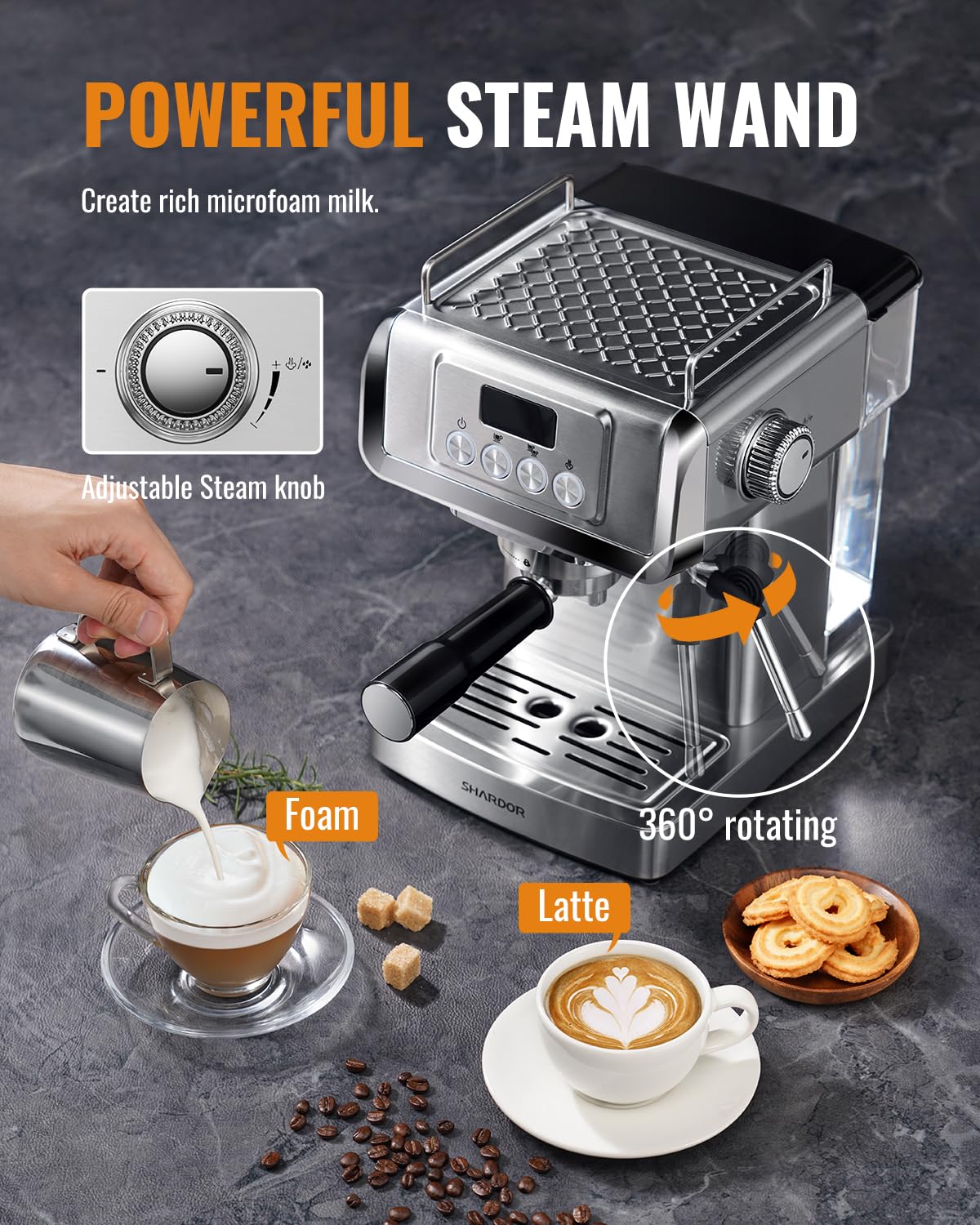 SHARDOR 20-Bar Espresso Machine for Home Barista, Espresso Coffee Maker with Temp Display, Built-In Steam Wand for Latte & Cappuccino, Stainless Steel, 1350W, 60oz Water Reservoir