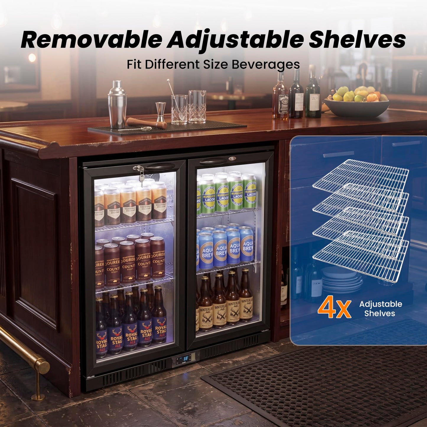 35.42" W Commercial Under Counter Beverage Refrigerator, 2 Glass Door Back Bar Cooler, Built-in/Freestanding 7.4Cuft Drink Fridge with LED Light, Auto Defrost, Low-E Glass & Safety Lock, Rebound door