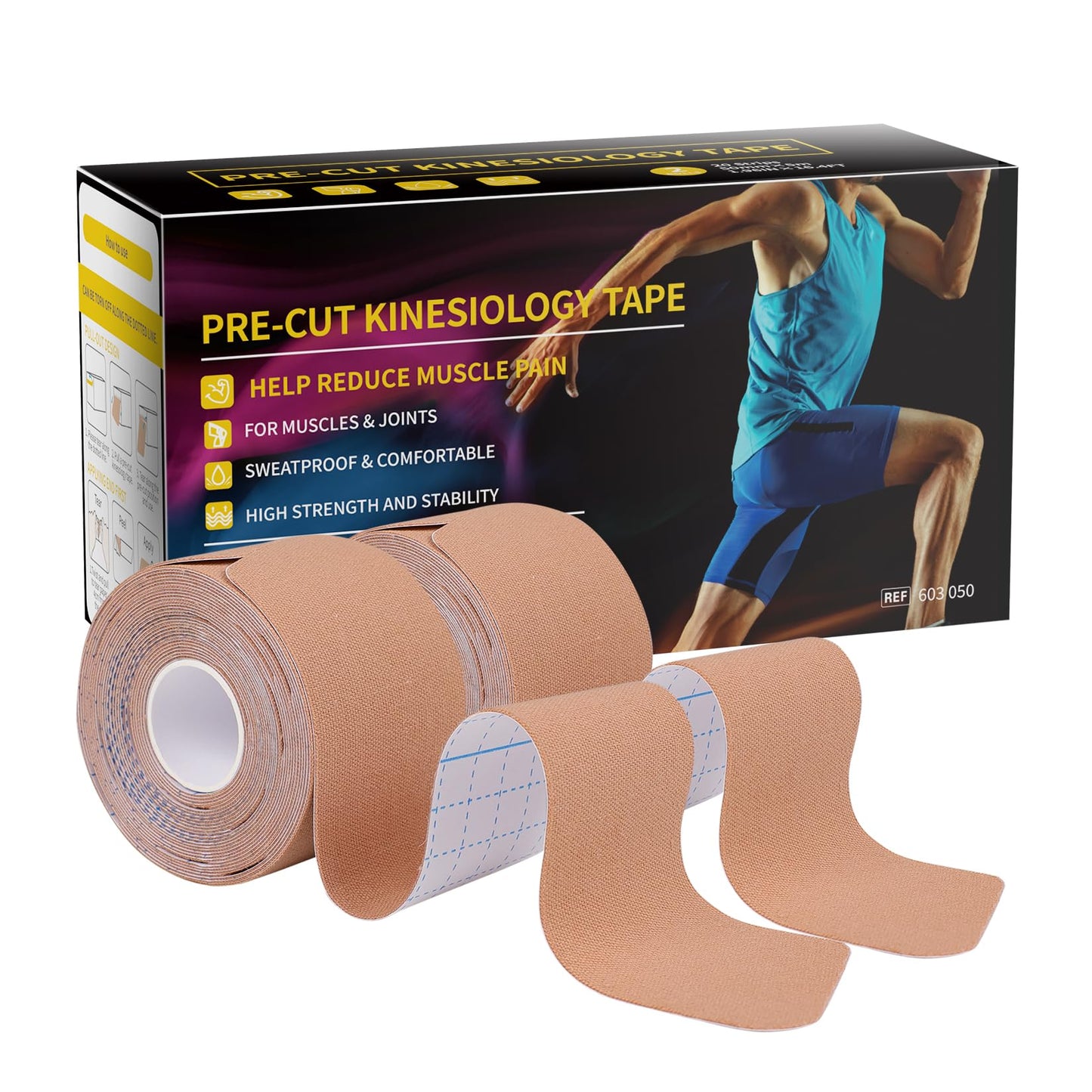 Dimora Kinesiology Tape, 40 Count Precut Strips 2 Rolls, Original Cotton, 10” Elastic Athletic Tape for Muscle Pain Relief and Joint Support, Beige