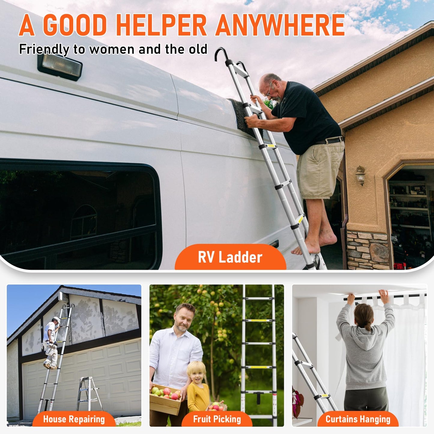 Telescoping Ladder 26.2FT Aluminum Lightweight Extension Ladder with Hooks 330 Lbs Heavy Duty Non-Slip Feet Folding Ladder Multi-Purpose Collapsible for Home RV Attic Outdoor Use (26.2 FT with Hooks)
