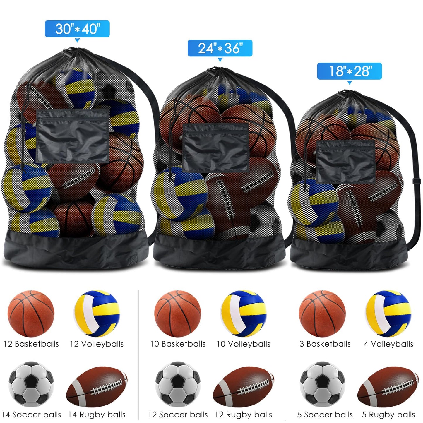 BROTOU Extra Large Mesh Ball Bag, Drawstring Socce Bag for Coach, Use for Basketball, Volleyball, Baseball, Mesh Equipmenbag with Adjustable and Portable Strap (18" x 28")