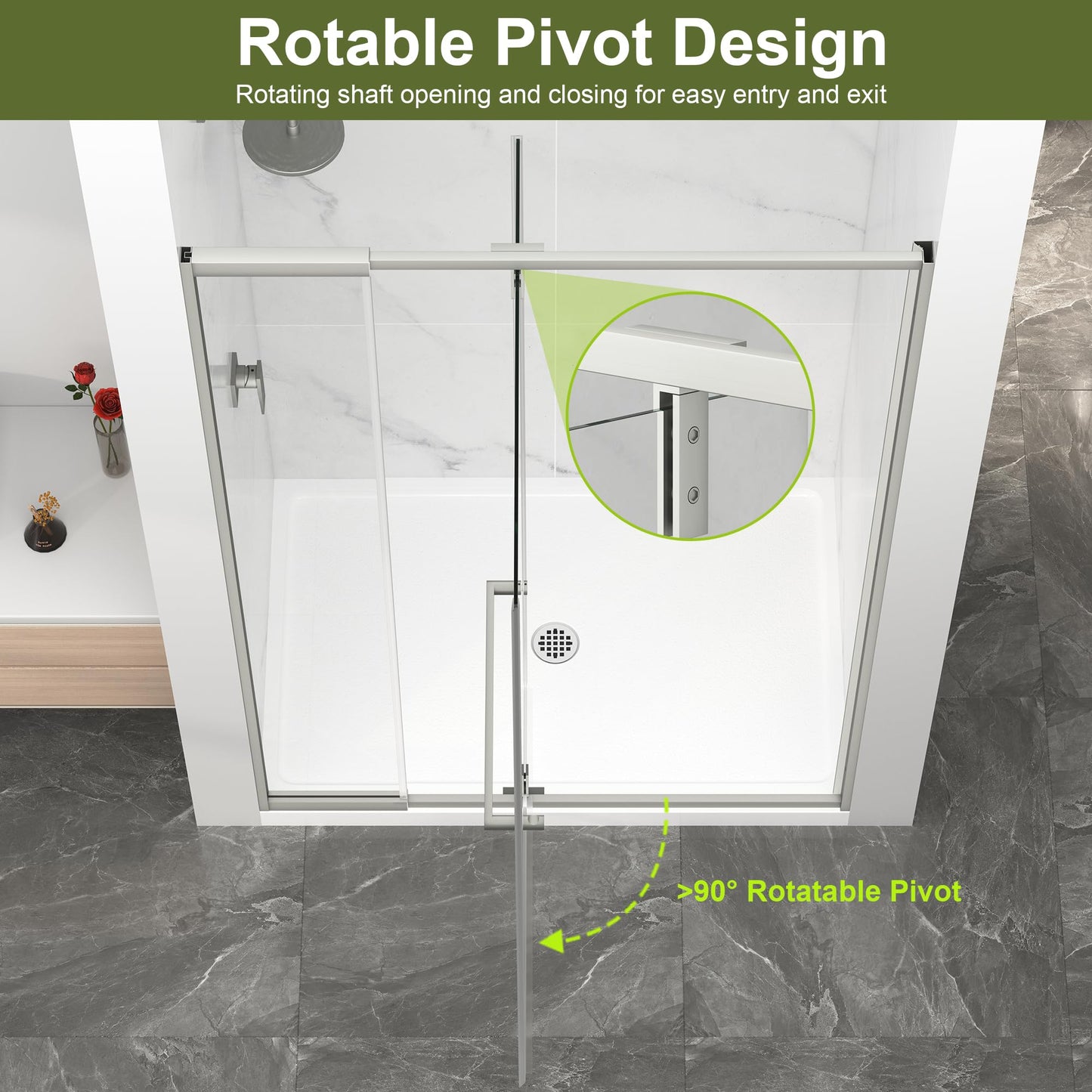KPUY Pivot Shower Door, 42-48" W x 72" H Semi-Frameless Swing Glass Shower Door with Explosion-Proof Film Nano Coating, 1/4" (6mm) Thick Tempered Clear Glass, Brushed Nickel