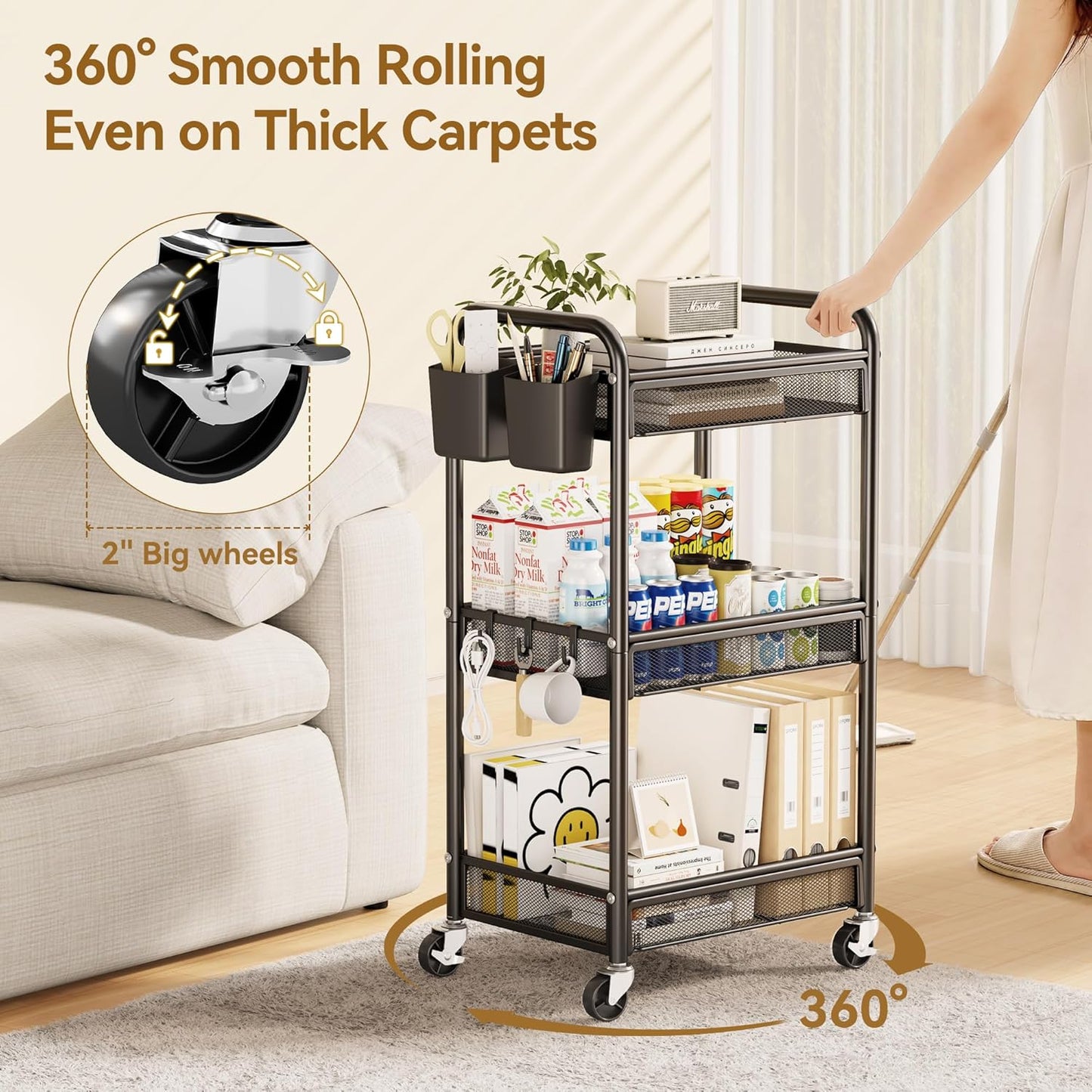 YASONIC 3-Tier Rolling Cart - Metal Utility Storage with Wheels & Hooks | Black Craft Organizer