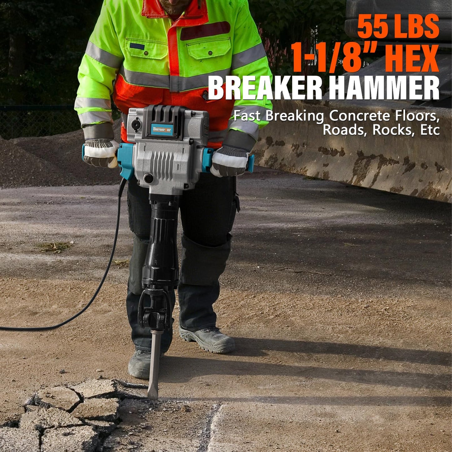 Berserker 55-Pound 1-1/8" Hex Shank Breaker Hammer, 2100W 17-Amp Heavy Duty Concrete/Pavement Demolition Jack Hammer with Carrying Case Flat Chisel & 2 Bull Point Chisel