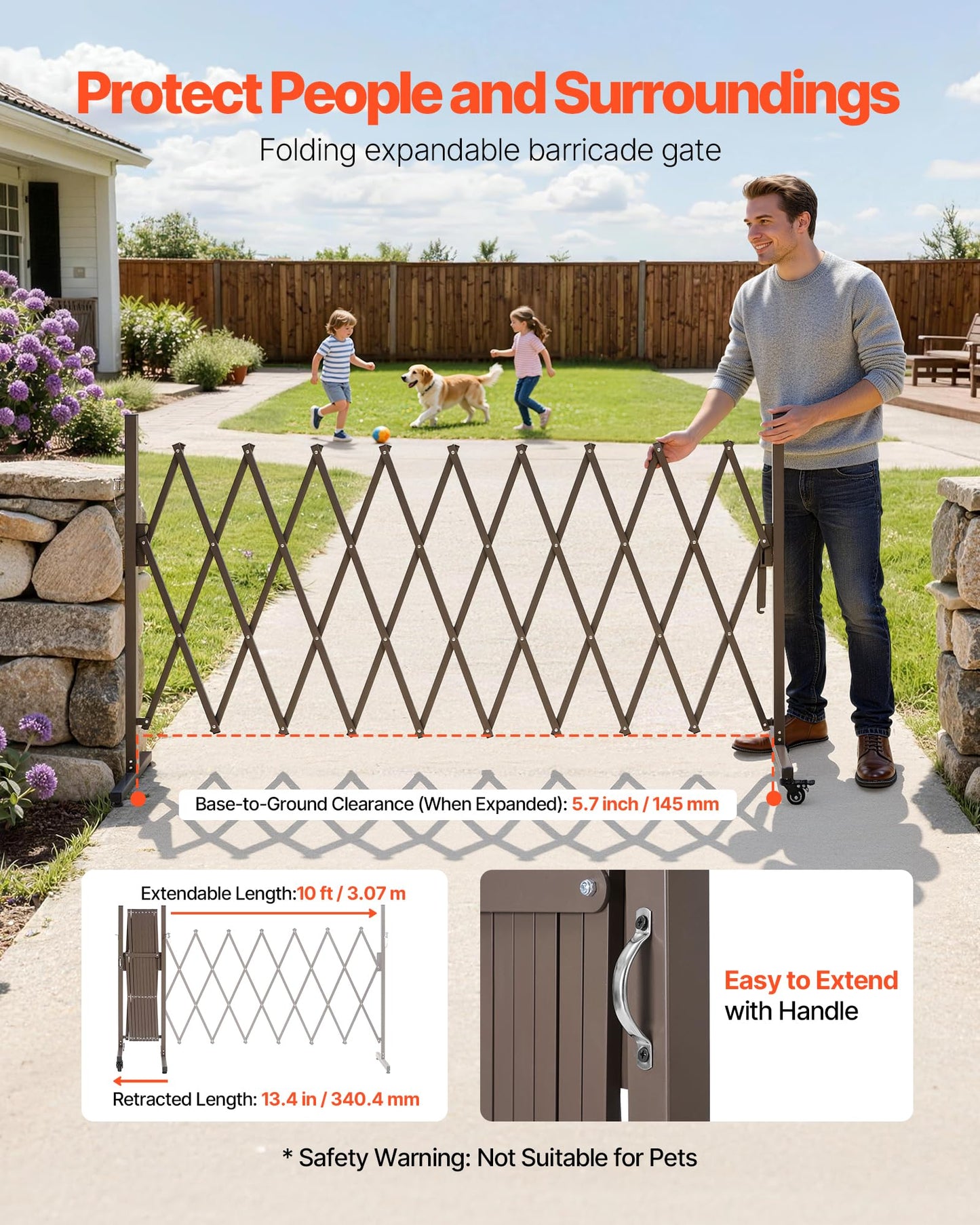 VEVOR Expandable Barricade, 10FT Expandable Safety Barrier, Flexible Mobile Barricade with Locking Casters, Portable Folding Security Gate Metal Traffic Fence for Patio Garden Stairway