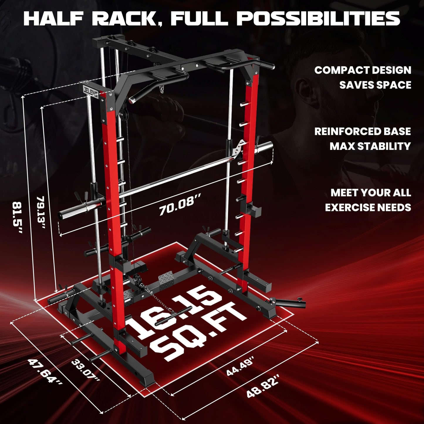 JELENS SR01 Smith Machine, 2000LBS Multi-Function Power Cage with LAT Pulldown System, All-in-One Home Gym Squat Rack with Smith Bar and Training Attachments (Red, SR01 Smith Machine)