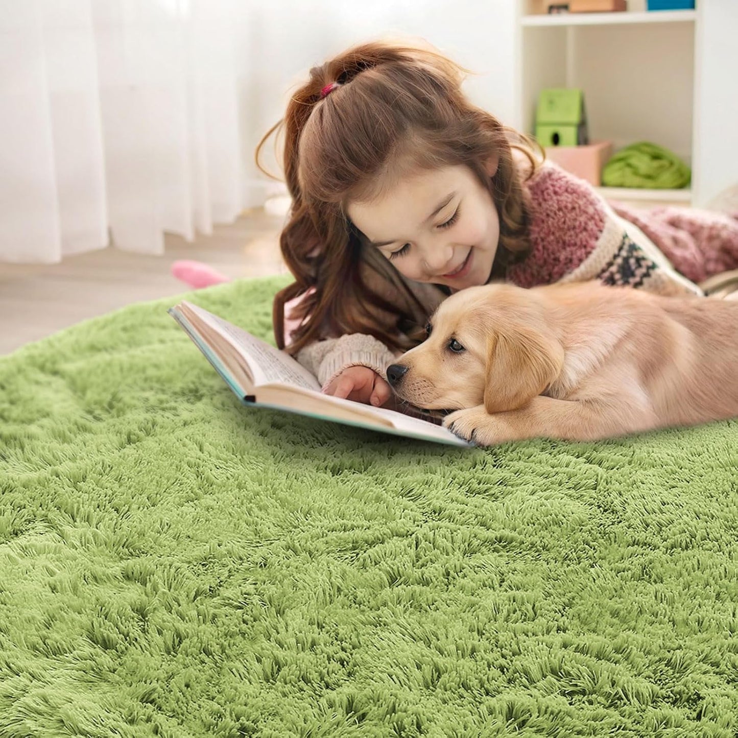 OLANLY Round Grass Green Area Rug - Soft, Fluffy, Machine Washable 8 ft Circle Carpet for Bedroom & Living Room