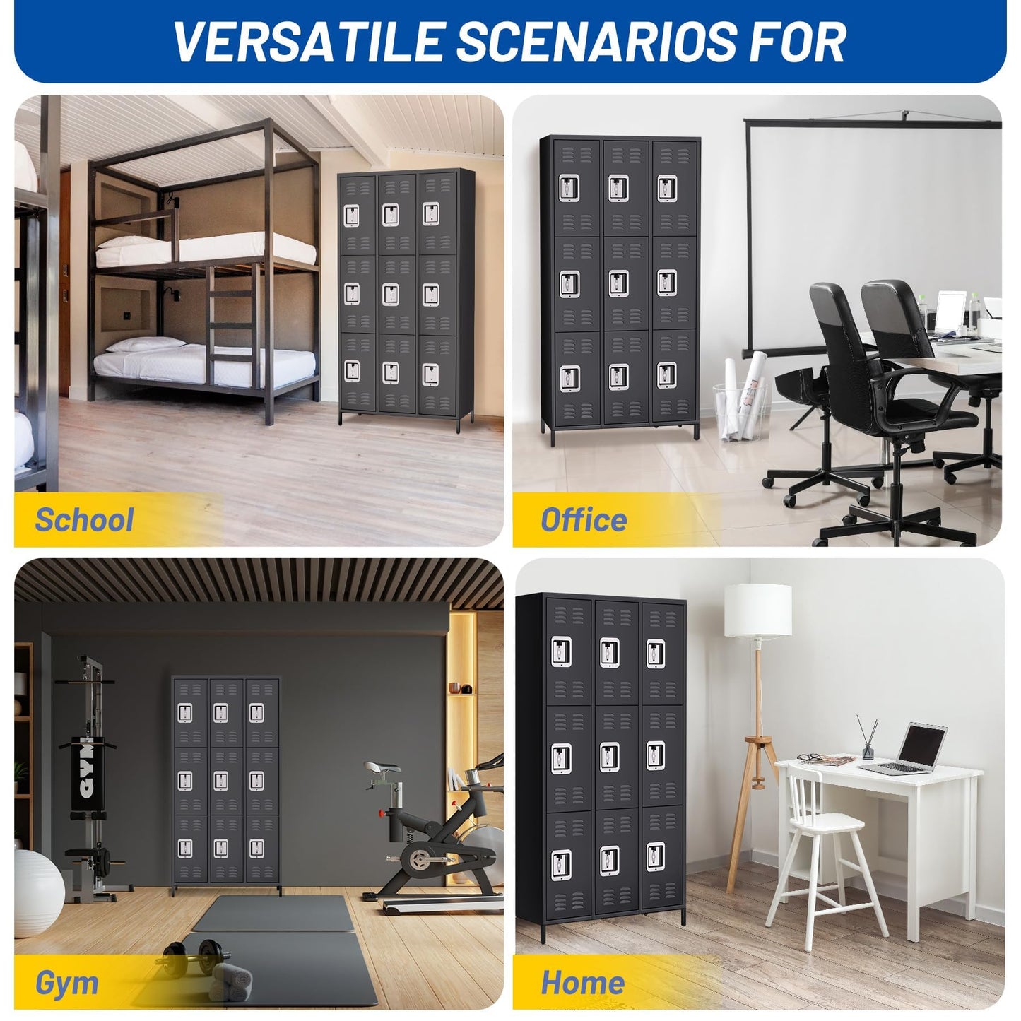 MERXENG Metal Storage Locker with 9 Doors, Metal Locker for Employees with 18 Hooks for Garage School Office Gym Home, Assembly Required, Black