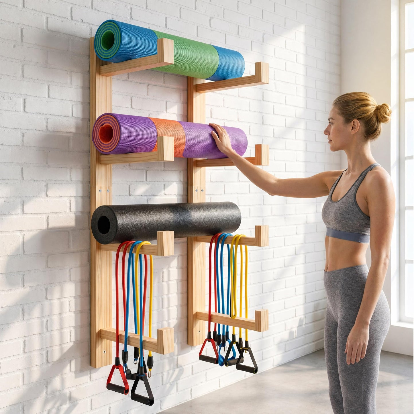 4-Tier Wooden Yoga Mat Holder Wall Mount, Yoga Mat Rack for Home Gym Organization, Wall Storage Hanger for Foam Roller and Fitness Accessories