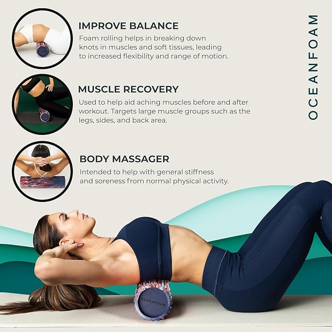 Oceanfoam Tidal Roller - Red, Dark Navy & Natural Marbled - Muscle Massage Foam Roller for Back Pain & Stretching - Firm & Ergonomic Wide Wave Textured - Yoga, Athletics, Wellness - Full Size 20" x 5"