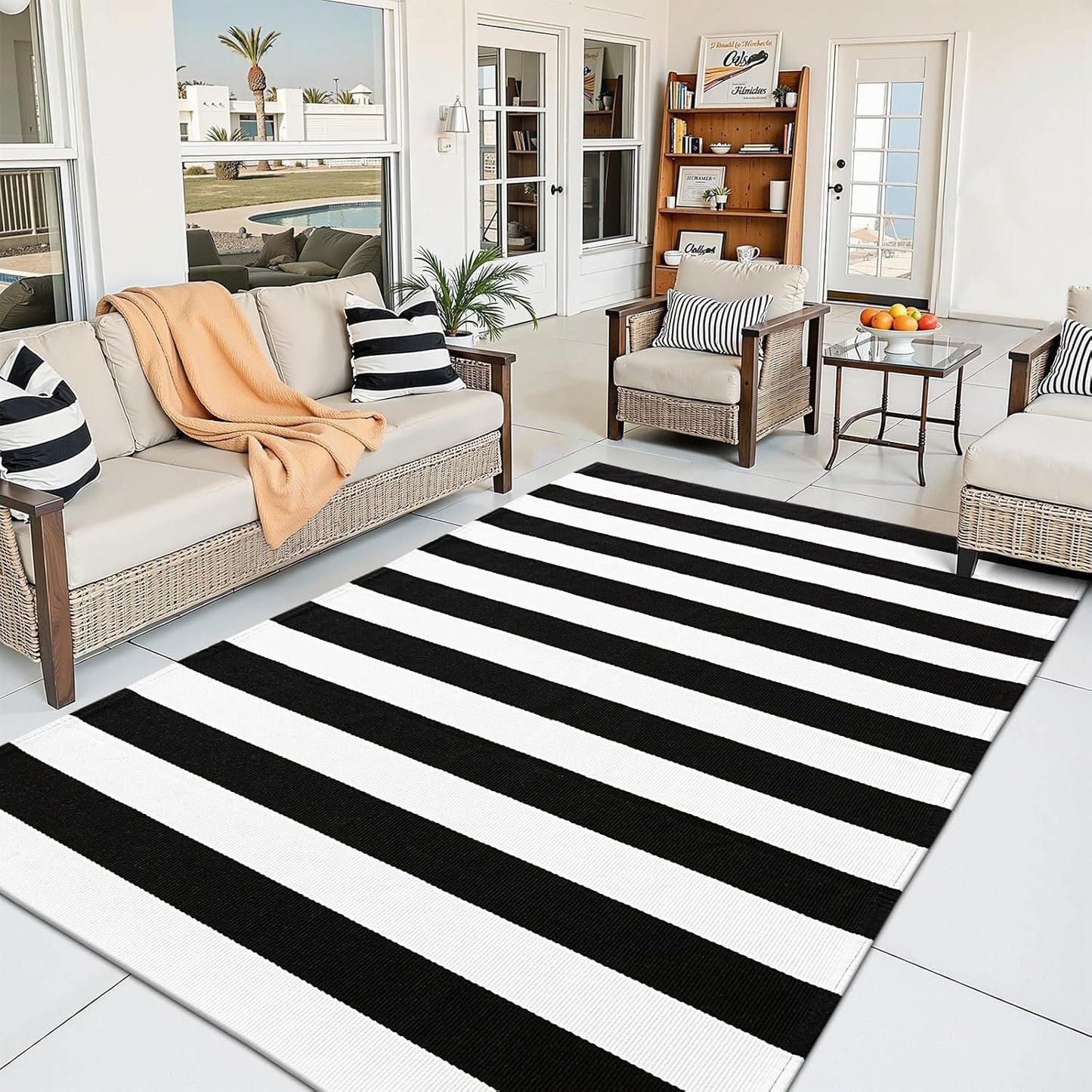 OLANLY Black And White Striped Rug - Washable Cotton Doormat 3' x 5' For Indoor/Outdoor Use