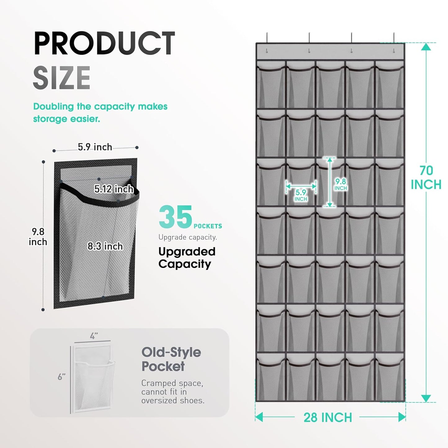 WVM Over The Door Shoe Organizer - 35 Breathable Mesh Pockets | Large Capacity Closet Storage in Grey