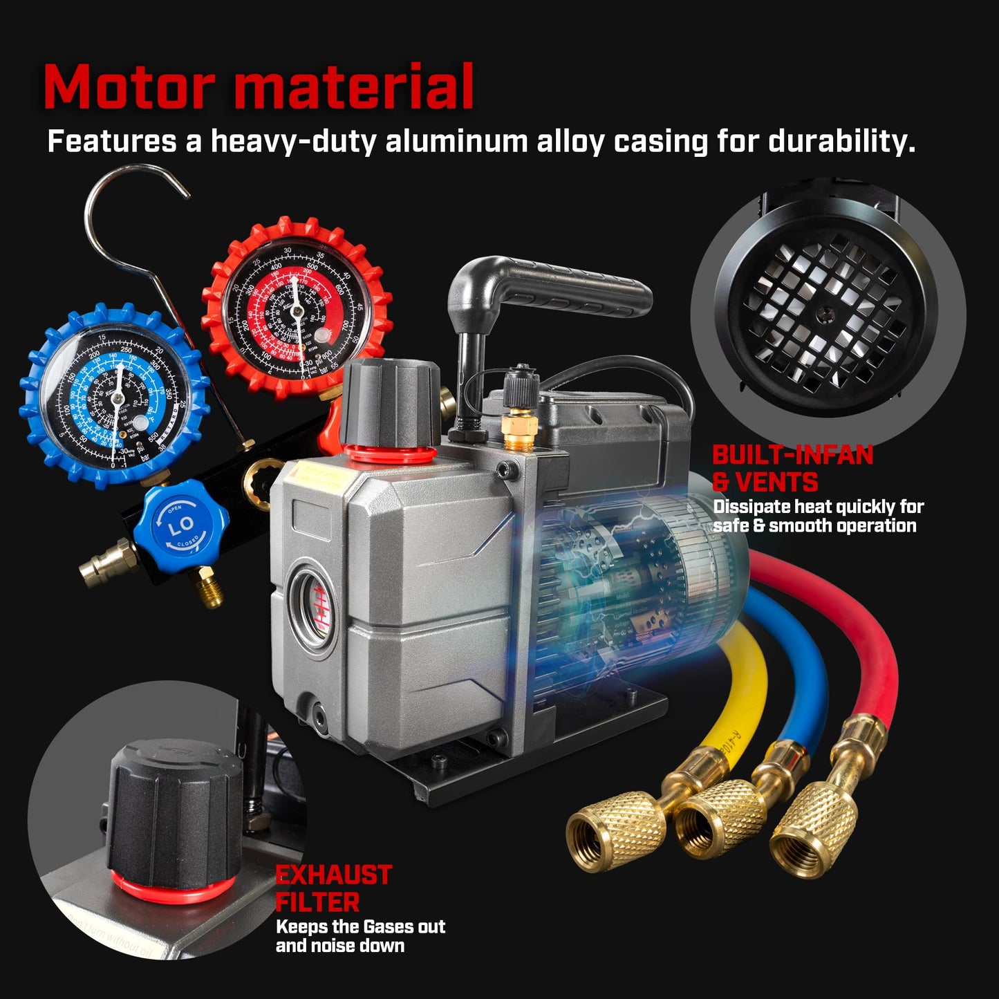 XtremepowerUS 4.5 CFM AC Vacuum Pump & 1/3HP Manifold Gauge Set HVAC Systems Commercial Use Refrigerant Service Kit with Hoses & Can Taps R134, R22, R410a Gauge