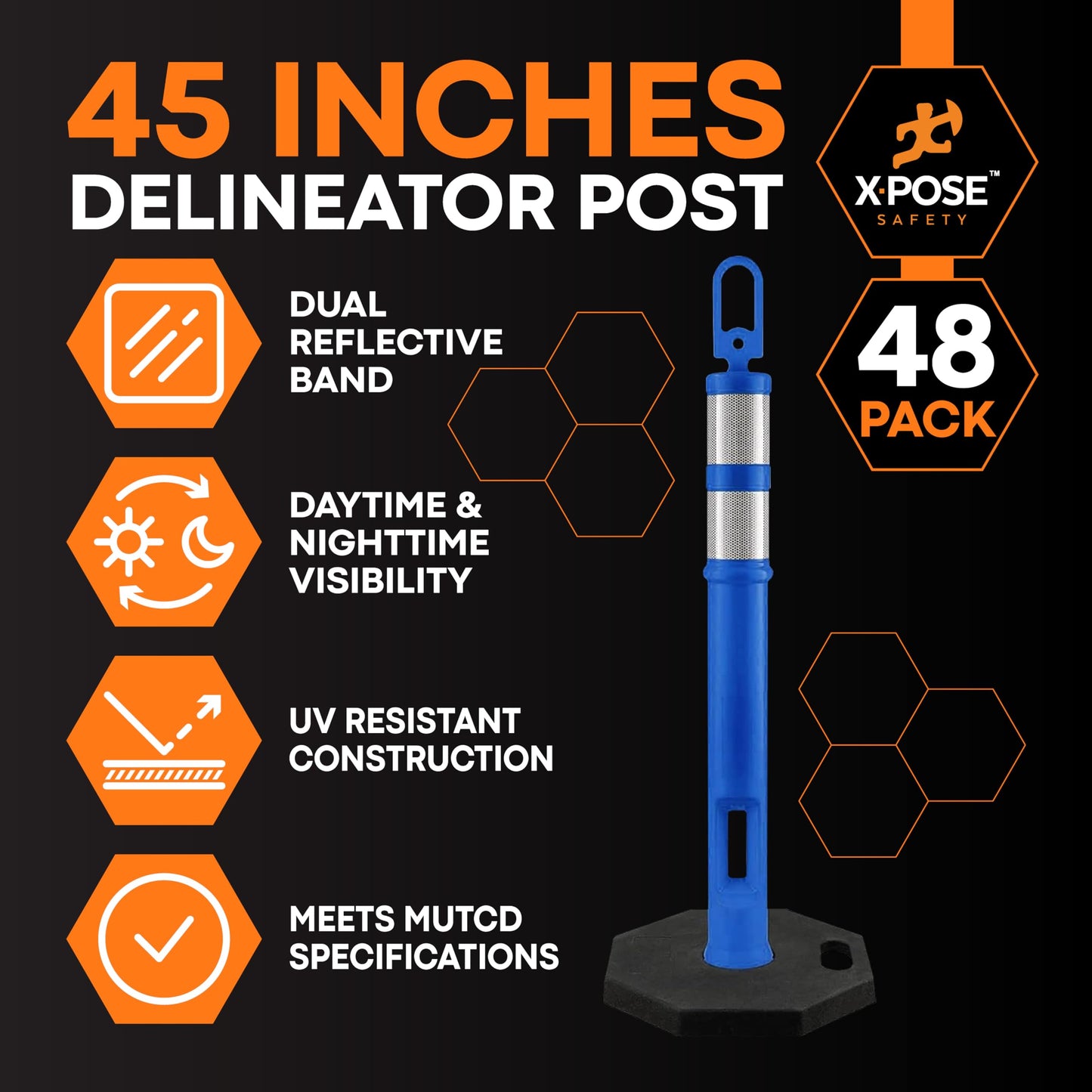 Xpose Safety 45" Blue Delineator Posts with Base, Bulk Half Pallet 48-Pack – Ring Top, 10" Reflective Band, 13 lb Rubber Base – Traffic, Parking, Construction, Events