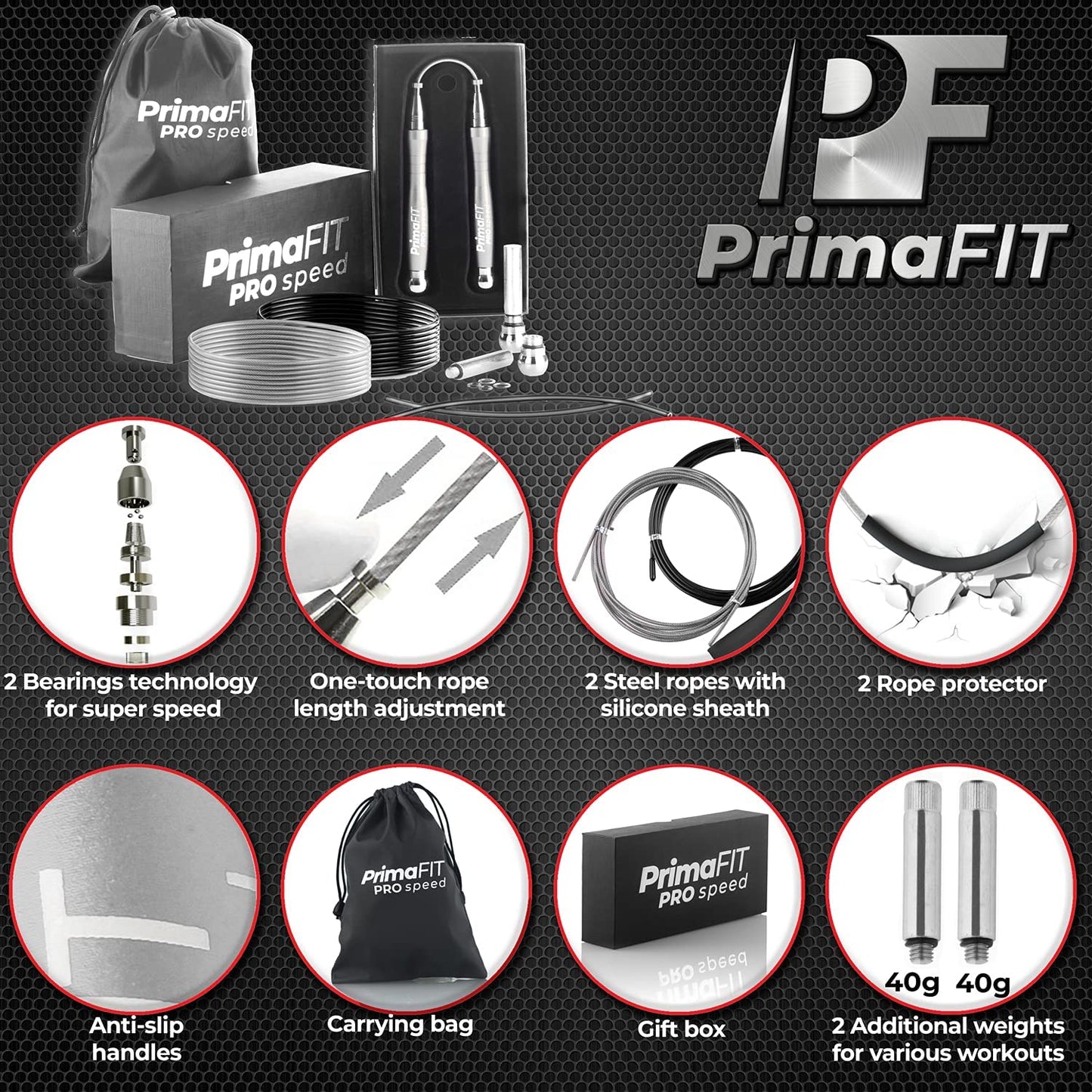 PrimaFIT Jump Rope Pro Speed Skipping Rope Adjustable Adult Jumping Rope Weighted Aluminium Handles for Double Dutch Boxing Workout Crossfit Exercise Fitness Spare Cable Weights Protectors Carry Bag