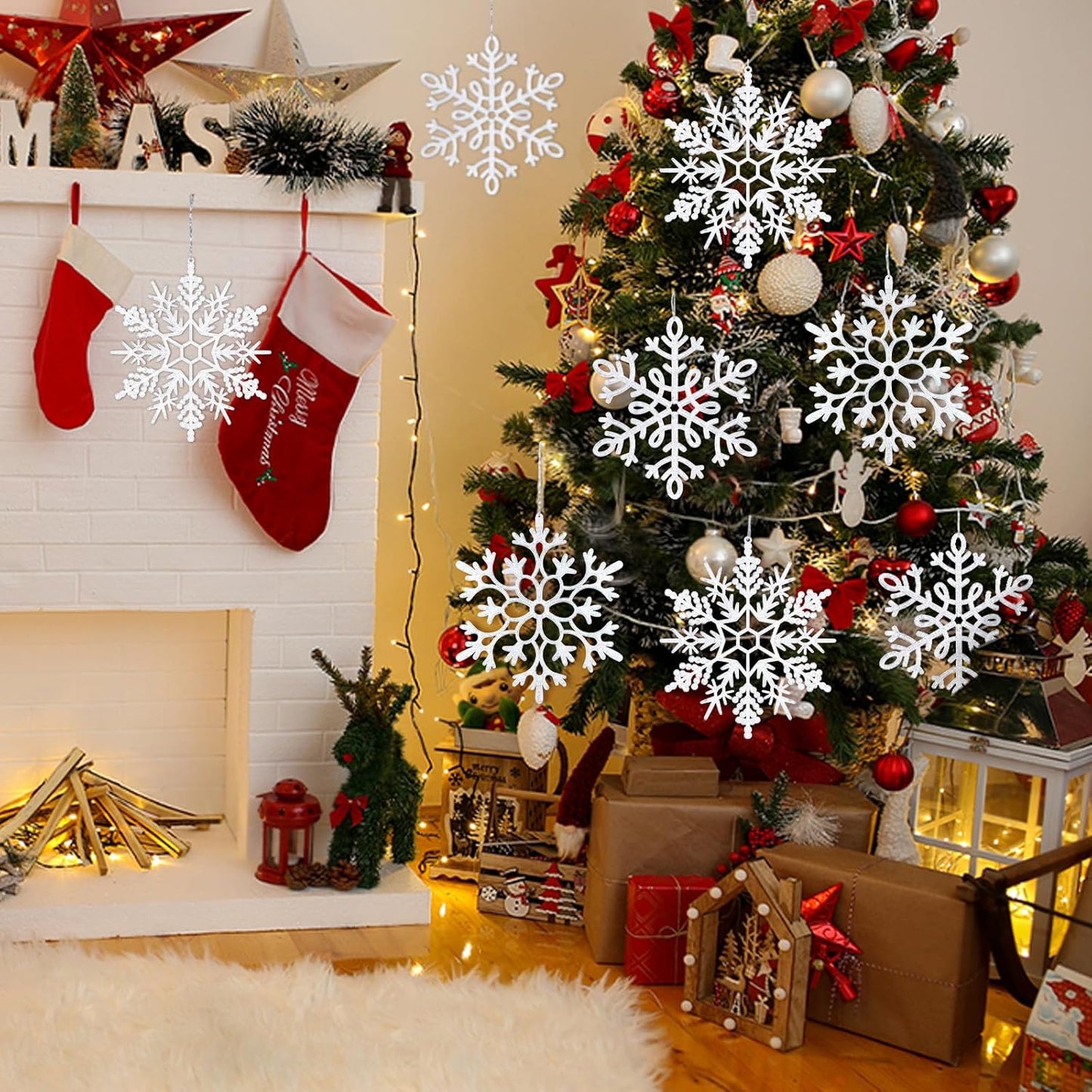 Skiennix 8Pcs Large White Snowflake Ornaments - 12'' Plastic Hanging Decorations for Christmas & Winter Decor